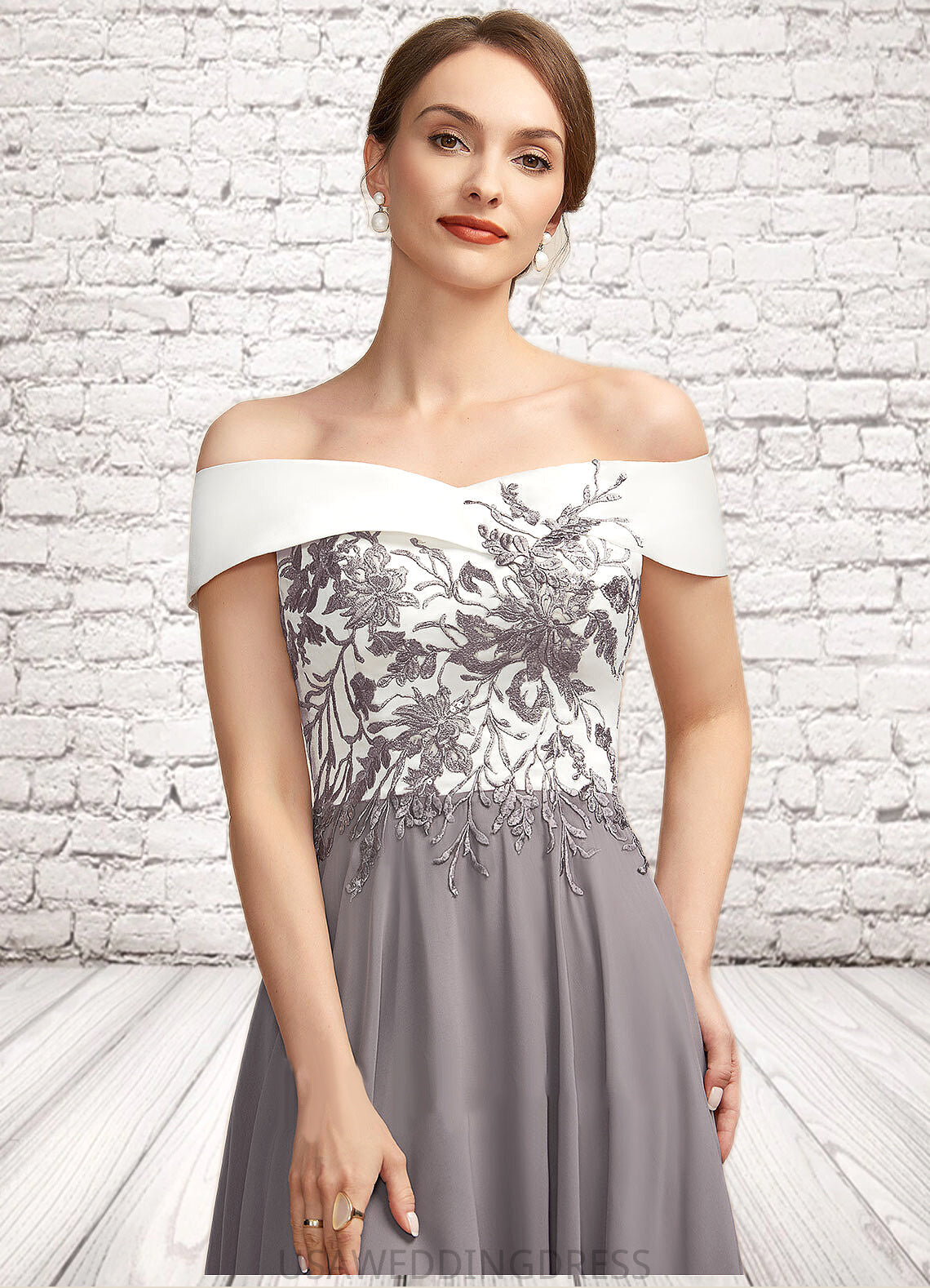 Margaret A-Line Off-the-Shoulder Tea-Length Chiffon Lace Mother of the Bride Dress DS126P0014680