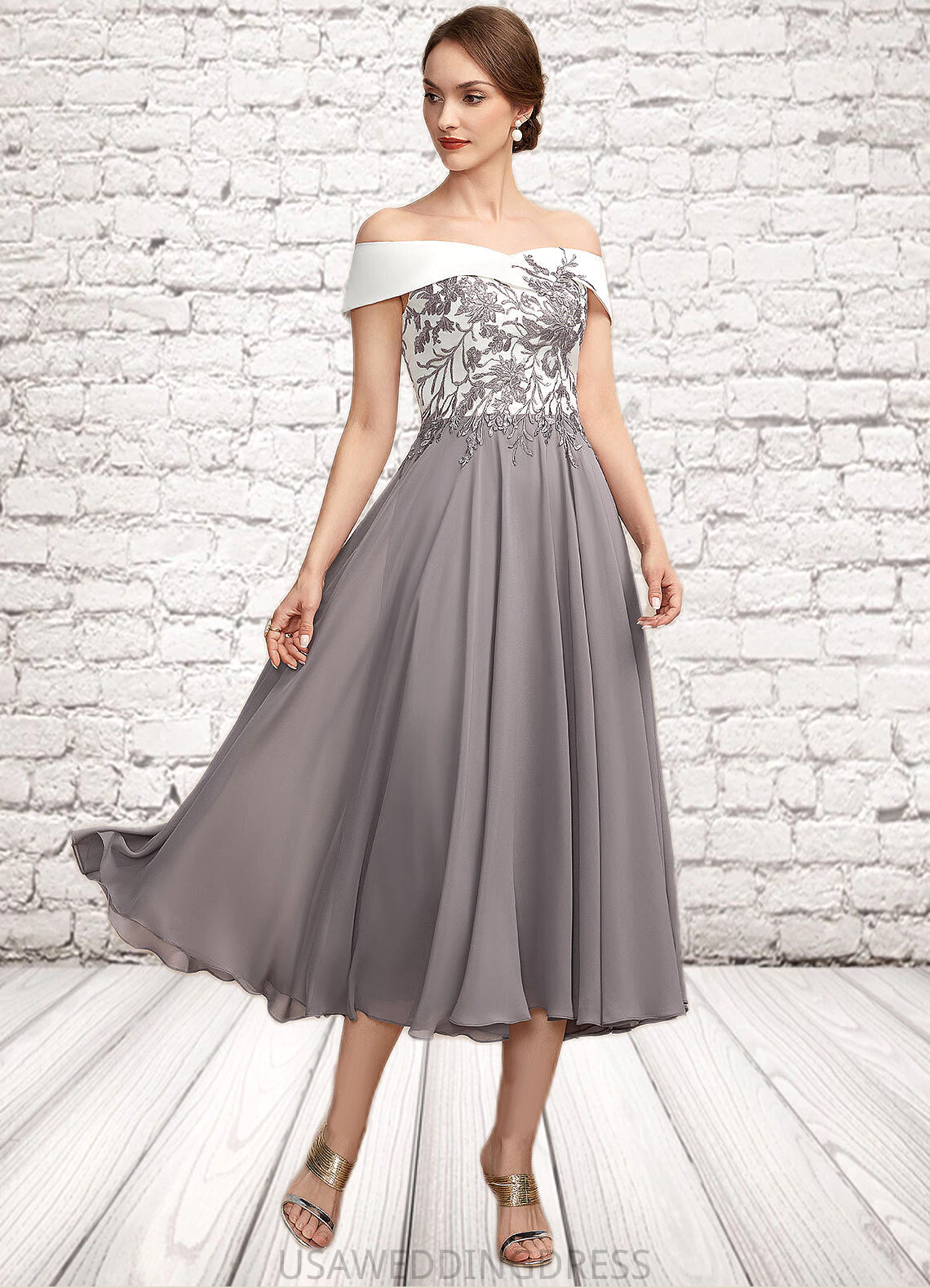 Margaret A-Line Off-the-Shoulder Tea-Length Chiffon Lace Mother of the Bride Dress DS126P0014680