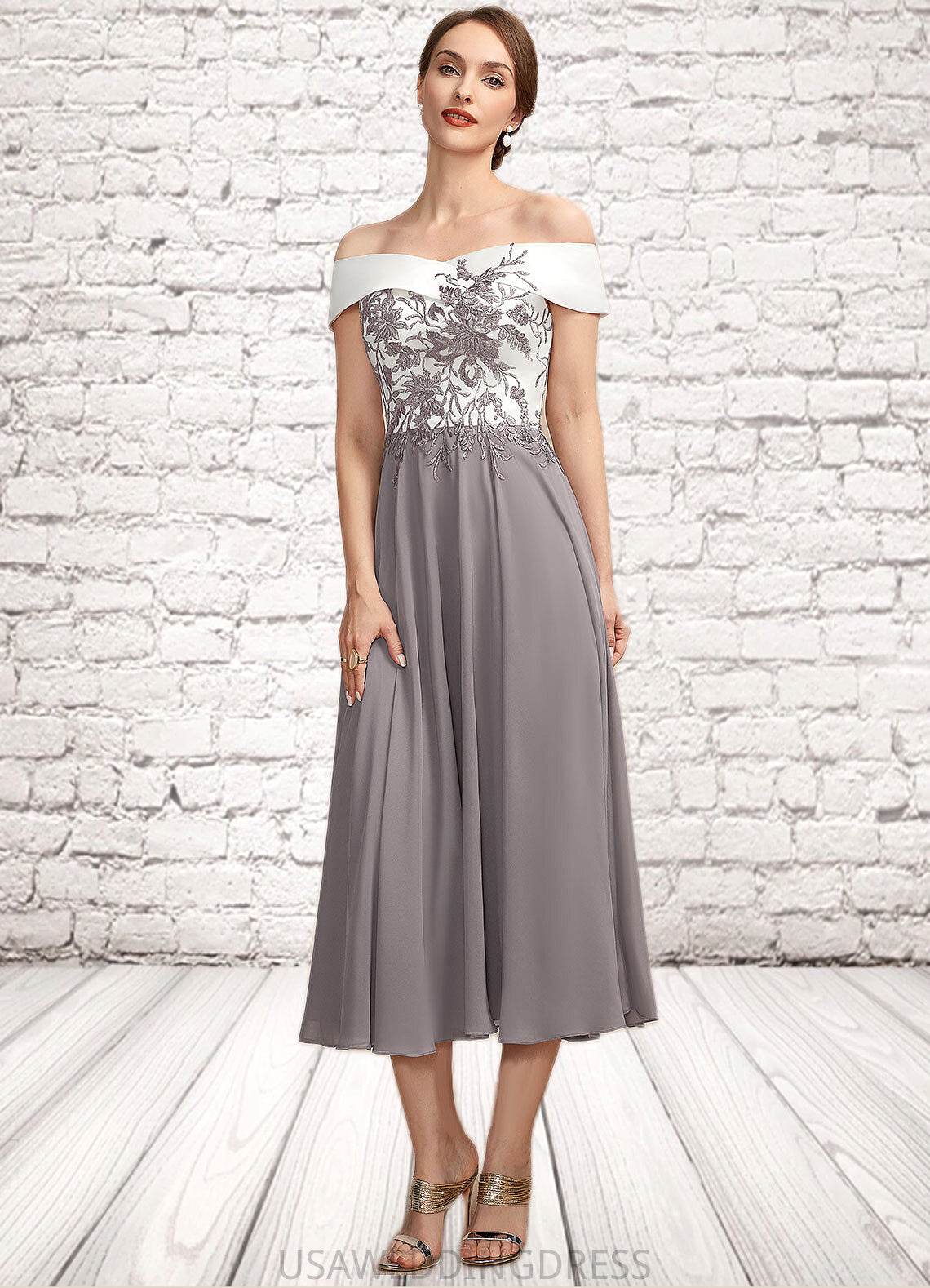 Margaret A-Line Off-the-Shoulder Tea-Length Chiffon Lace Mother of the Bride Dress DS126P0014680