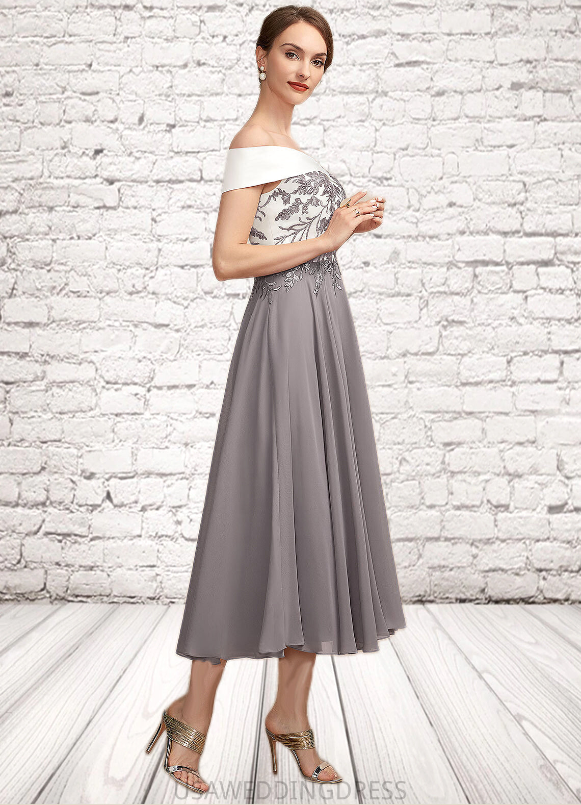 Margaret A-Line Off-the-Shoulder Tea-Length Chiffon Lace Mother of the Bride Dress DS126P0014680