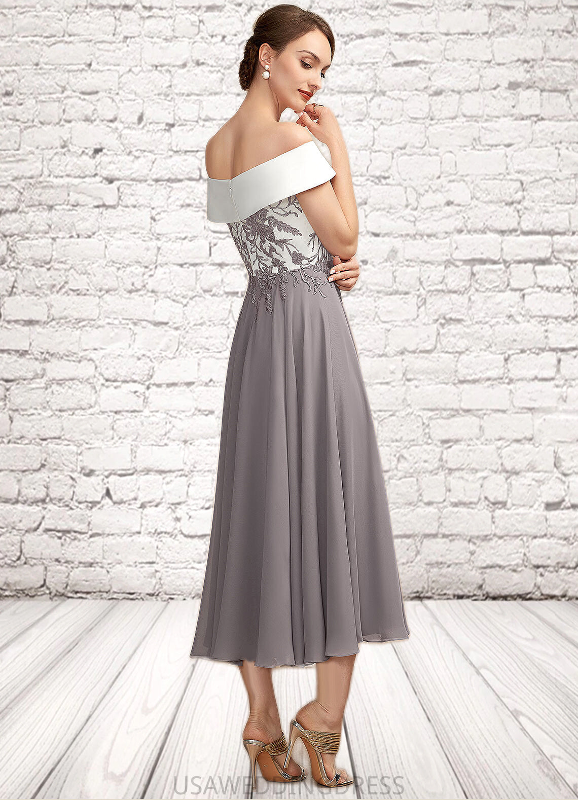 Margaret A-Line Off-the-Shoulder Tea-Length Chiffon Lace Mother of the Bride Dress DS126P0014680