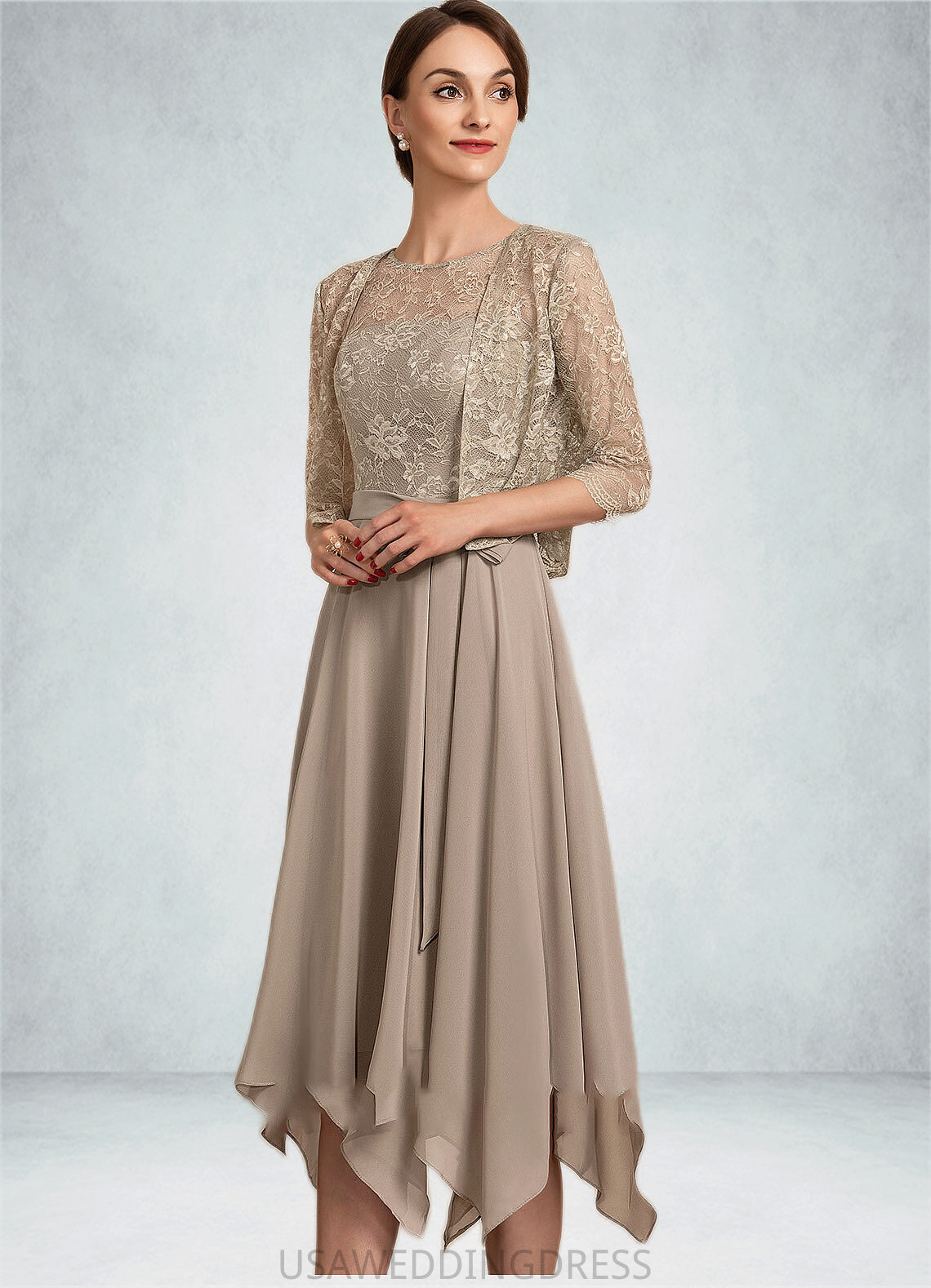 Layla A-Line Scoop Neck Tea-Length Chiffon Lace Mother of the Bride Dress With Bow(s) DS126P0014681