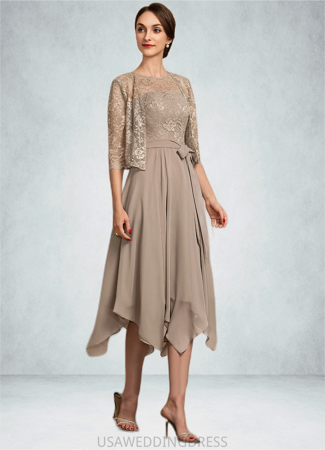 Layla A-Line Scoop Neck Tea-Length Chiffon Lace Mother of the Bride Dress With Bow(s) DS126P0014681