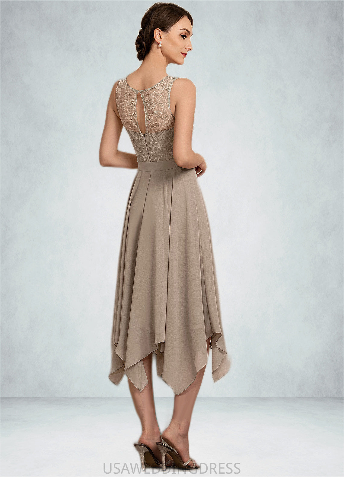 Layla A-Line Scoop Neck Tea-Length Chiffon Lace Mother of the Bride Dress With Bow(s) DS126P0014681