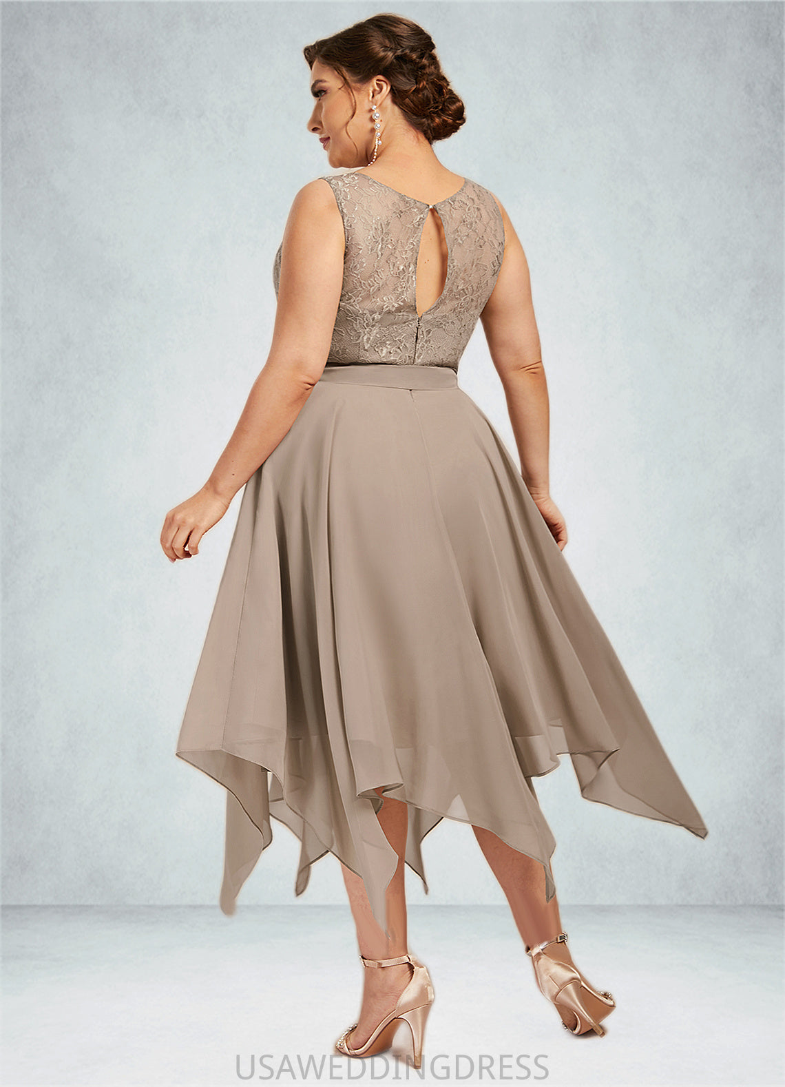 Layla A-Line Scoop Neck Tea-Length Chiffon Lace Mother of the Bride Dress With Bow(s) DS126P0014681