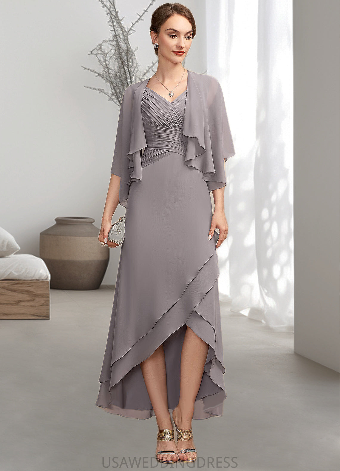 Tamia A-Line V-neck Asymmetrical Chiffon Mother of the Bride Dress With Ruffle DS126P0014682