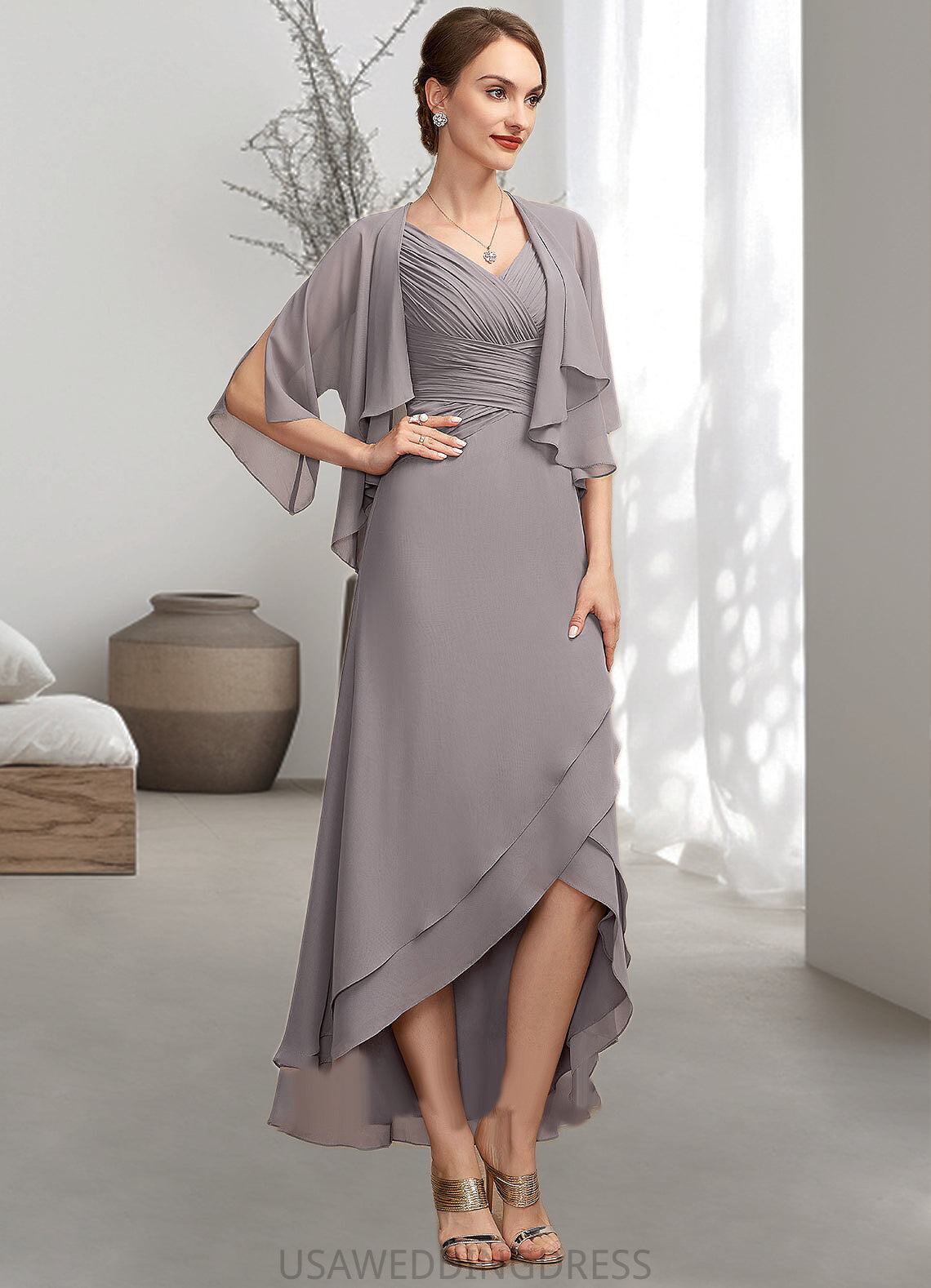 Tamia A-Line V-neck Asymmetrical Chiffon Mother of the Bride Dress With Ruffle DS126P0014682