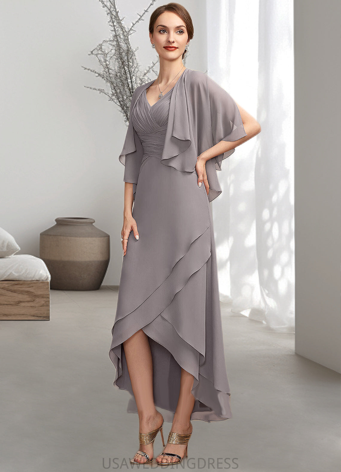 Tamia A-Line V-neck Asymmetrical Chiffon Mother of the Bride Dress With Ruffle DS126P0014682