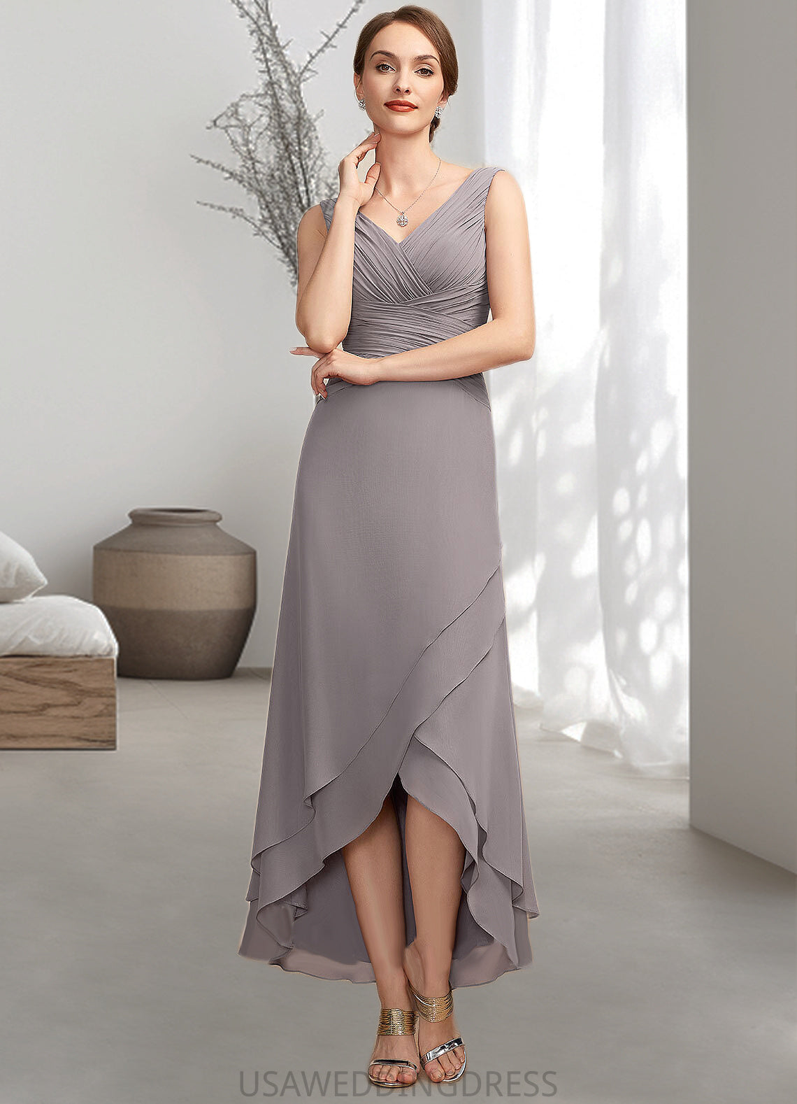 Tamia A-Line V-neck Asymmetrical Chiffon Mother of the Bride Dress With Ruffle DS126P0014682