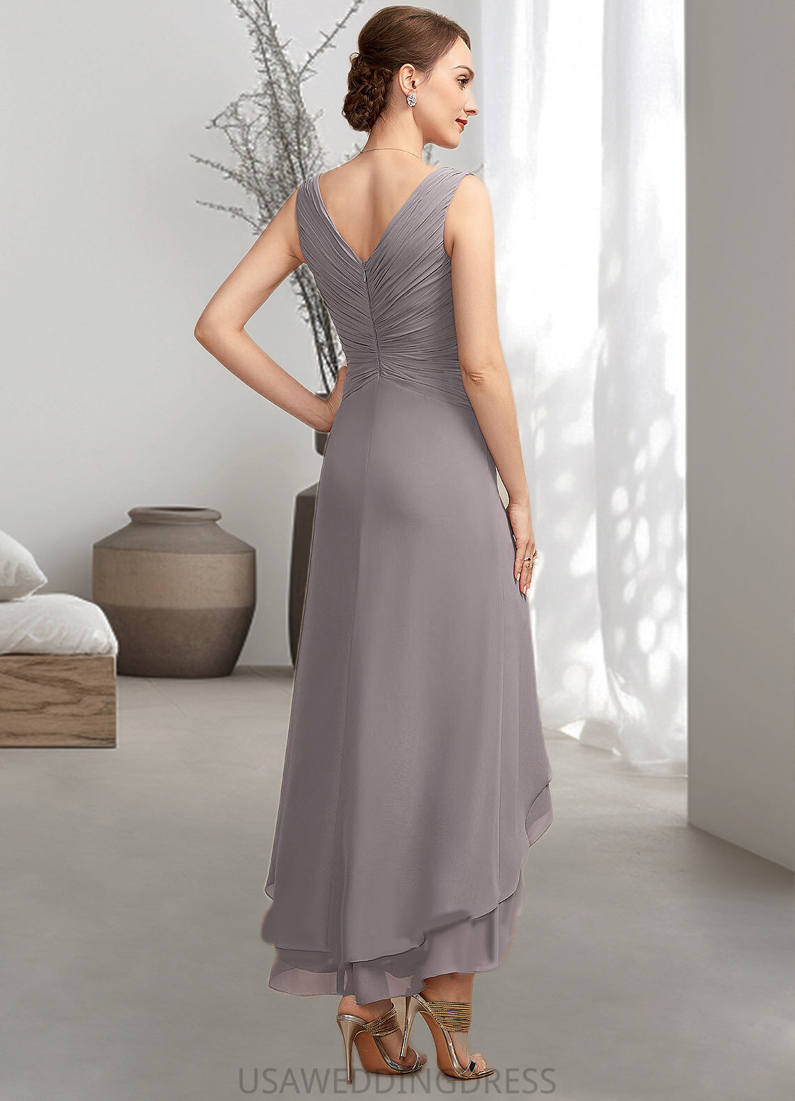 Tamia A-Line V-neck Asymmetrical Chiffon Mother of the Bride Dress With Ruffle DS126P0014682