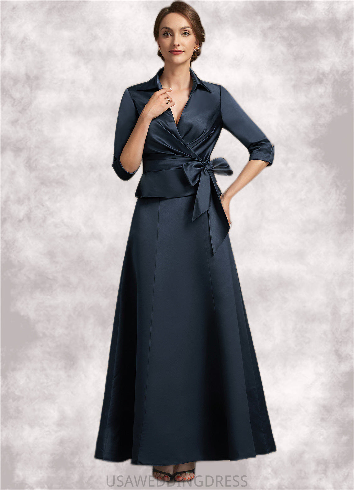 Ellie A-Line V-neck Ankle-Length Satin Mother of the Bride Dress With Bow(s) DS126P0014683