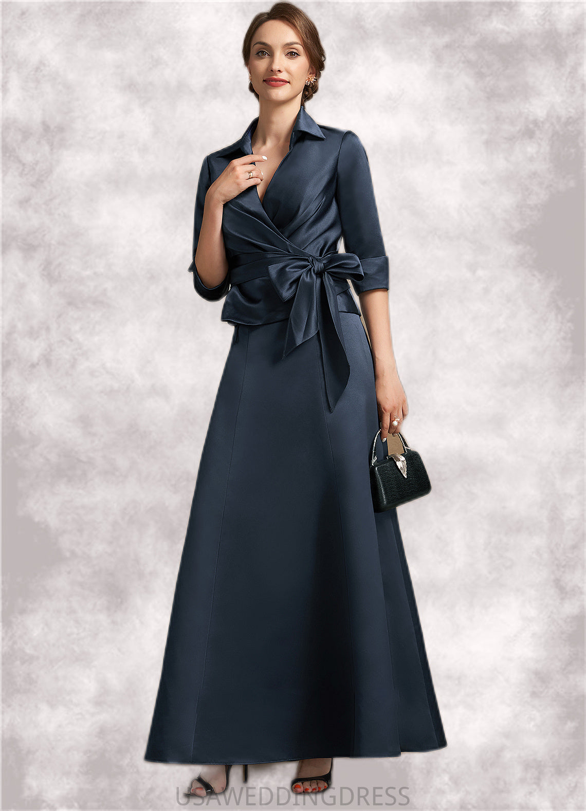 Ellie A-Line V-neck Ankle-Length Satin Mother of the Bride Dress With Bow(s) DS126P0014683