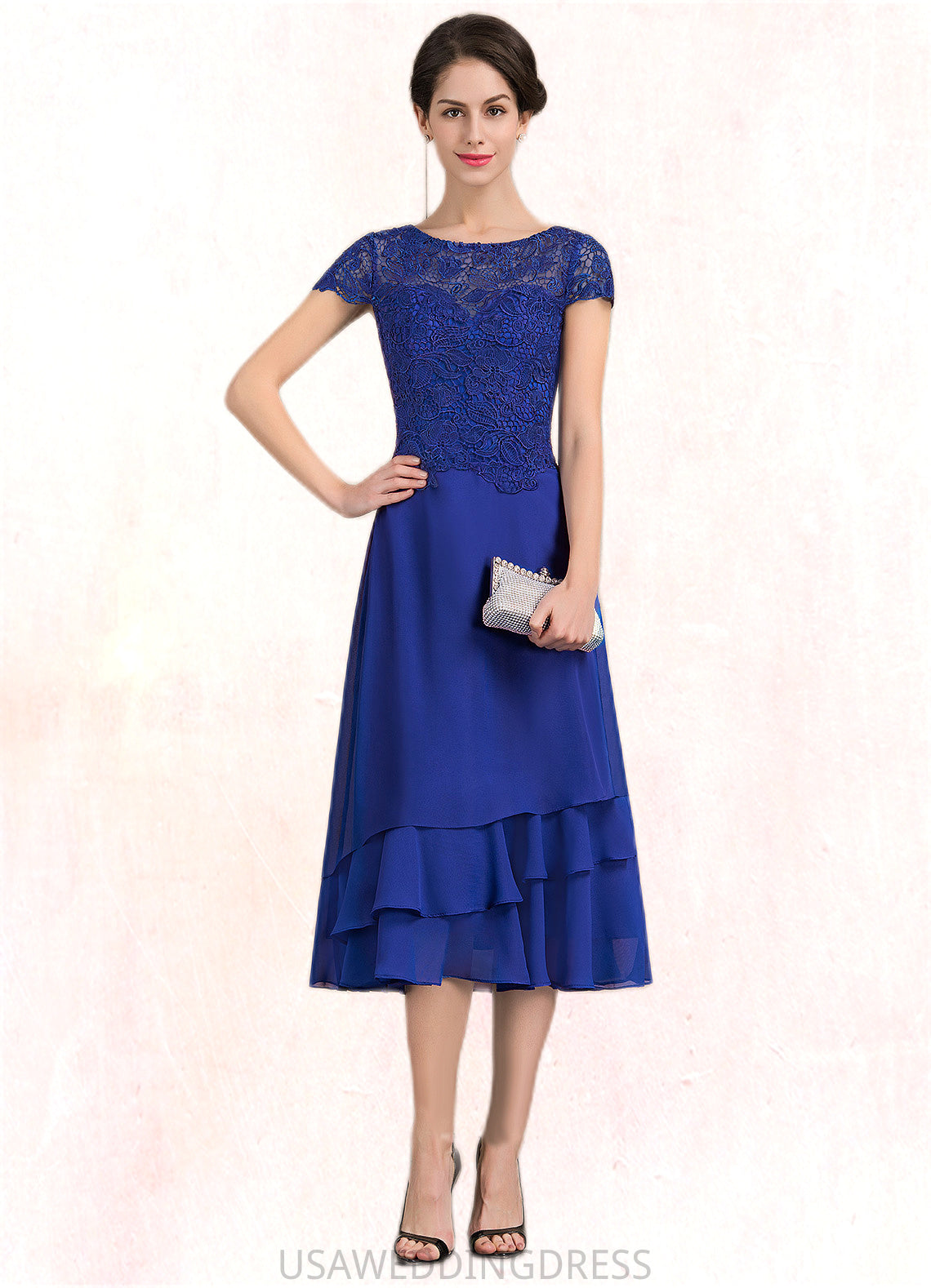 Annabella A-Line Scoop Neck Tea-Length Chiffon Lace Mother of the Bride Dress DS126P0014685