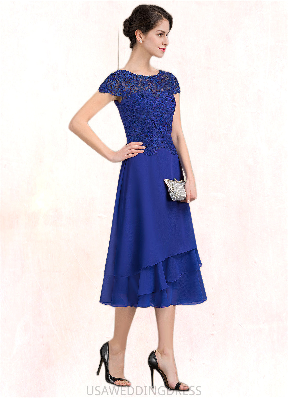 Annabella A-Line Scoop Neck Tea-Length Chiffon Lace Mother of the Bride Dress DS126P0014685