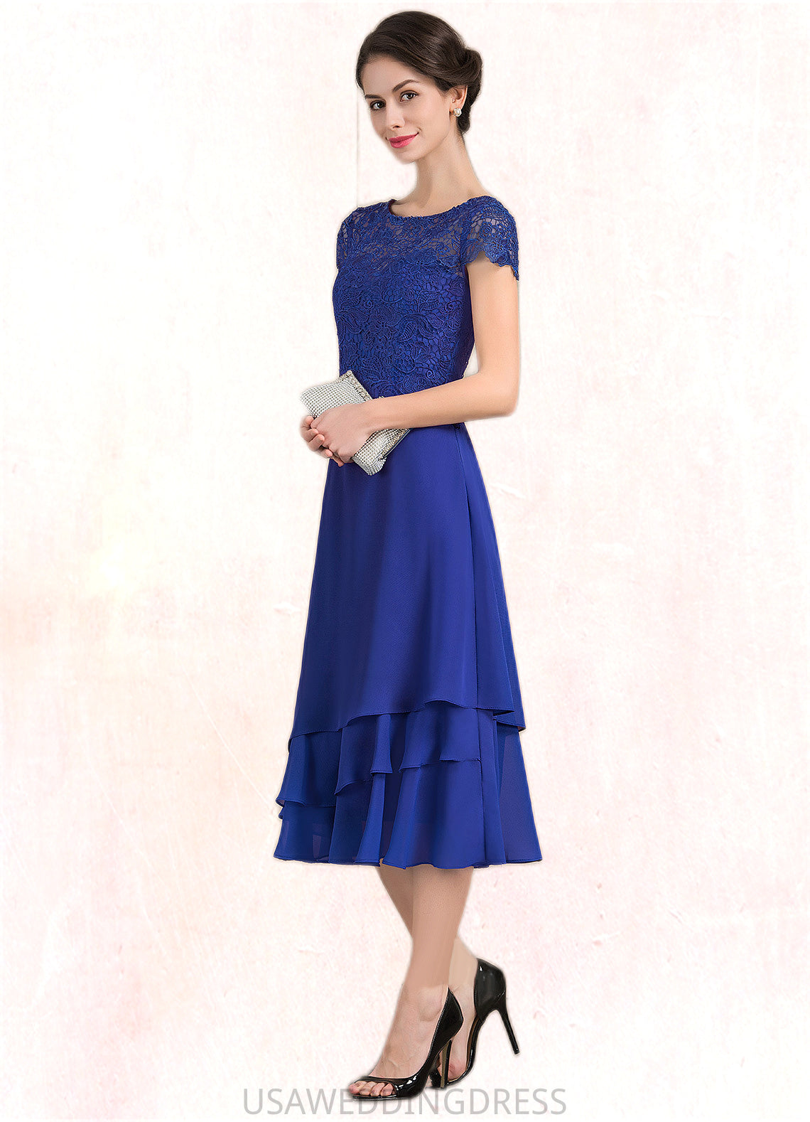 Annabella A-Line Scoop Neck Tea-Length Chiffon Lace Mother of the Bride Dress DS126P0014685