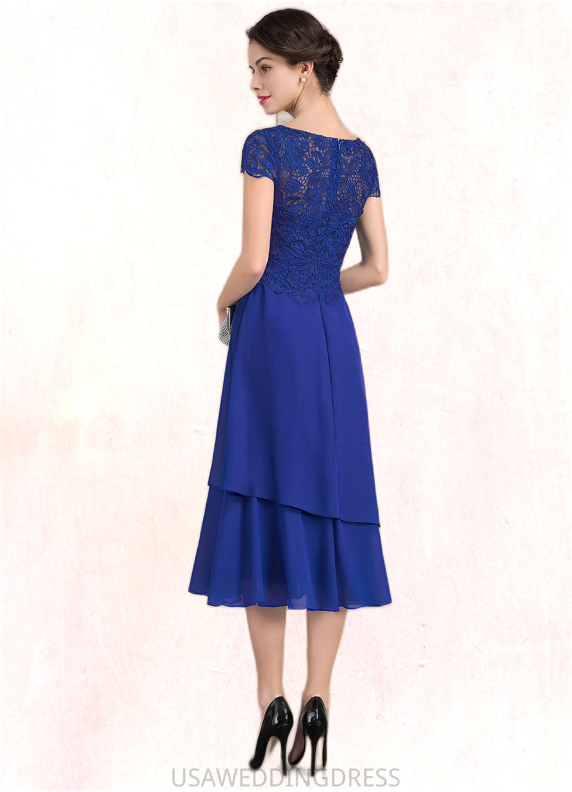 Annabella A-Line Scoop Neck Tea-Length Chiffon Lace Mother of the Bride Dress DS126P0014685