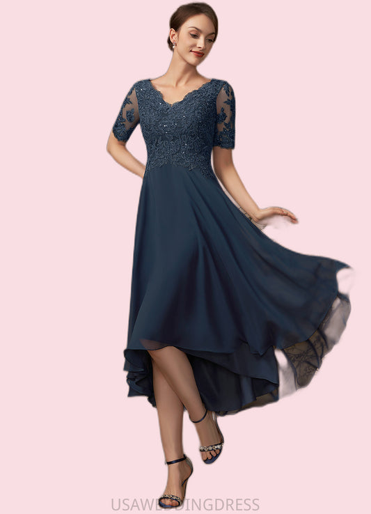 Silvia A-line V-Neck Asymmetrical Chiffon Lace Mother of the Bride Dress With Sequins DS126P0014686