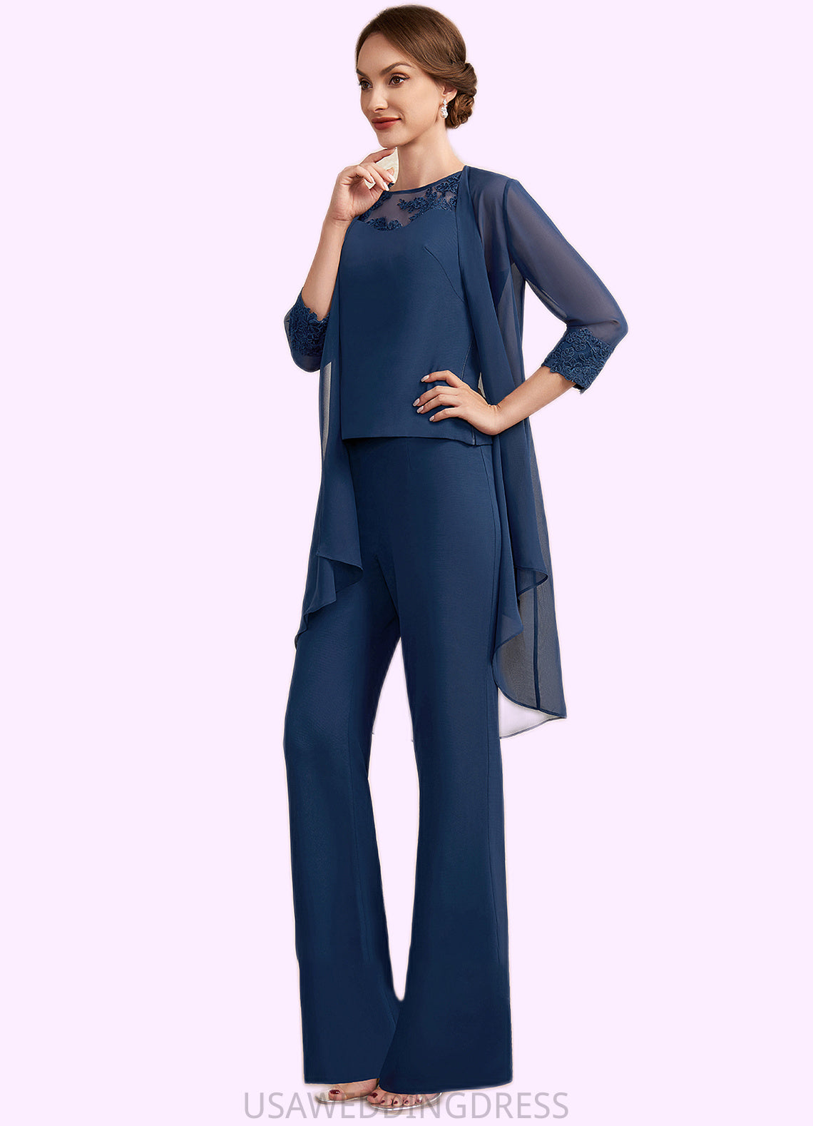 Emelia Jumpsuit/Pantsuit Scoop Neck Floor-Length Chiffon Mother of the Bride Dress With Lace DS126P0014687