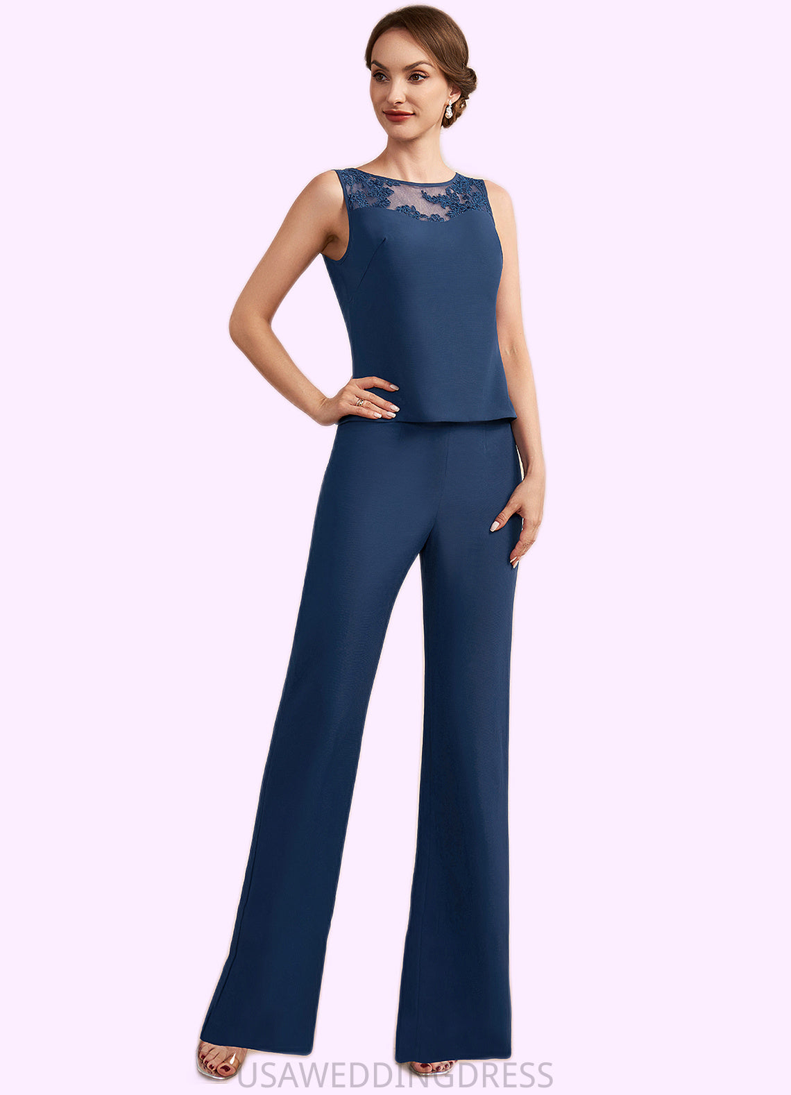 Emelia Jumpsuit/Pantsuit Scoop Neck Floor-Length Chiffon Mother of the Bride Dress With Lace DS126P0014687