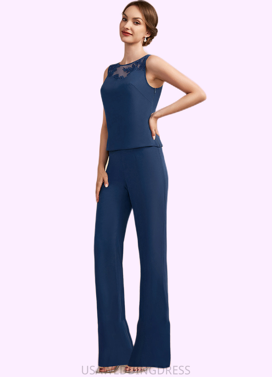 Emelia Jumpsuit/Pantsuit Scoop Neck Floor-Length Chiffon Mother of the Bride Dress With Lace DS126P0014687