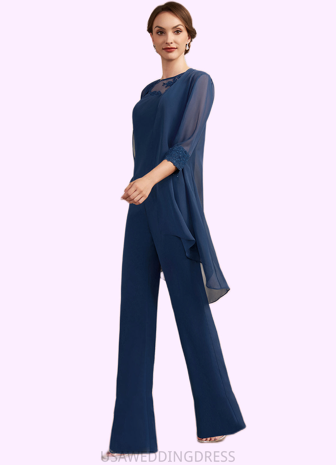 Emelia Jumpsuit/Pantsuit Scoop Neck Floor-Length Chiffon Mother of the Bride Dress With Lace DS126P0014687