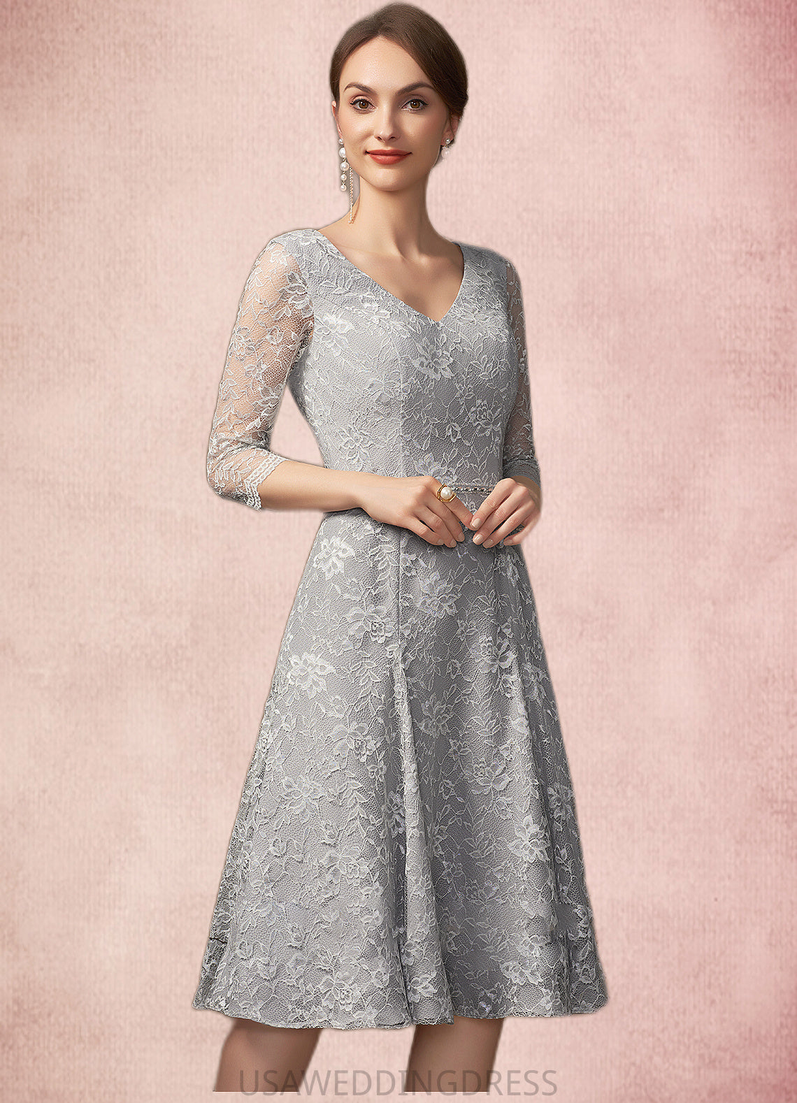 Rayne A-Line V-neck Knee-Length Lace Mother of the Bride Dress With Beading Sequins DS126P0014689