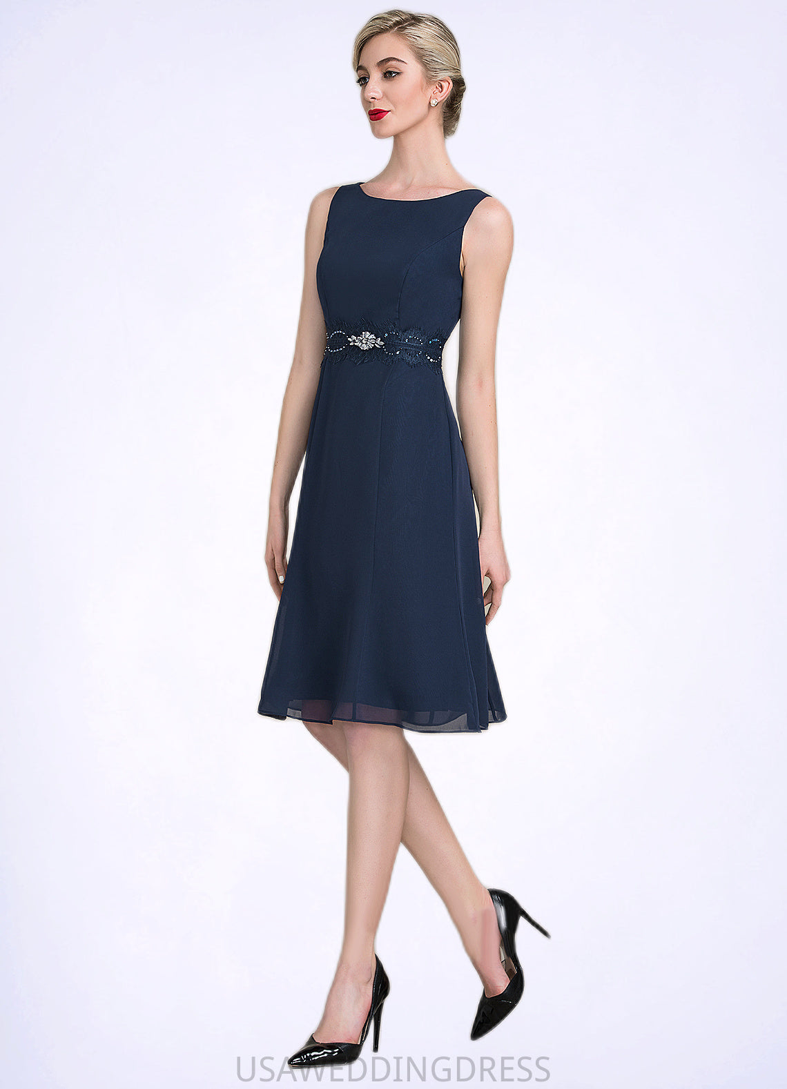 Hailie A-Line Scoop Neck Knee-Length Chiffon Mother of the Bride Dress With Ruffle Lace Beading Sequins DS126P0014690