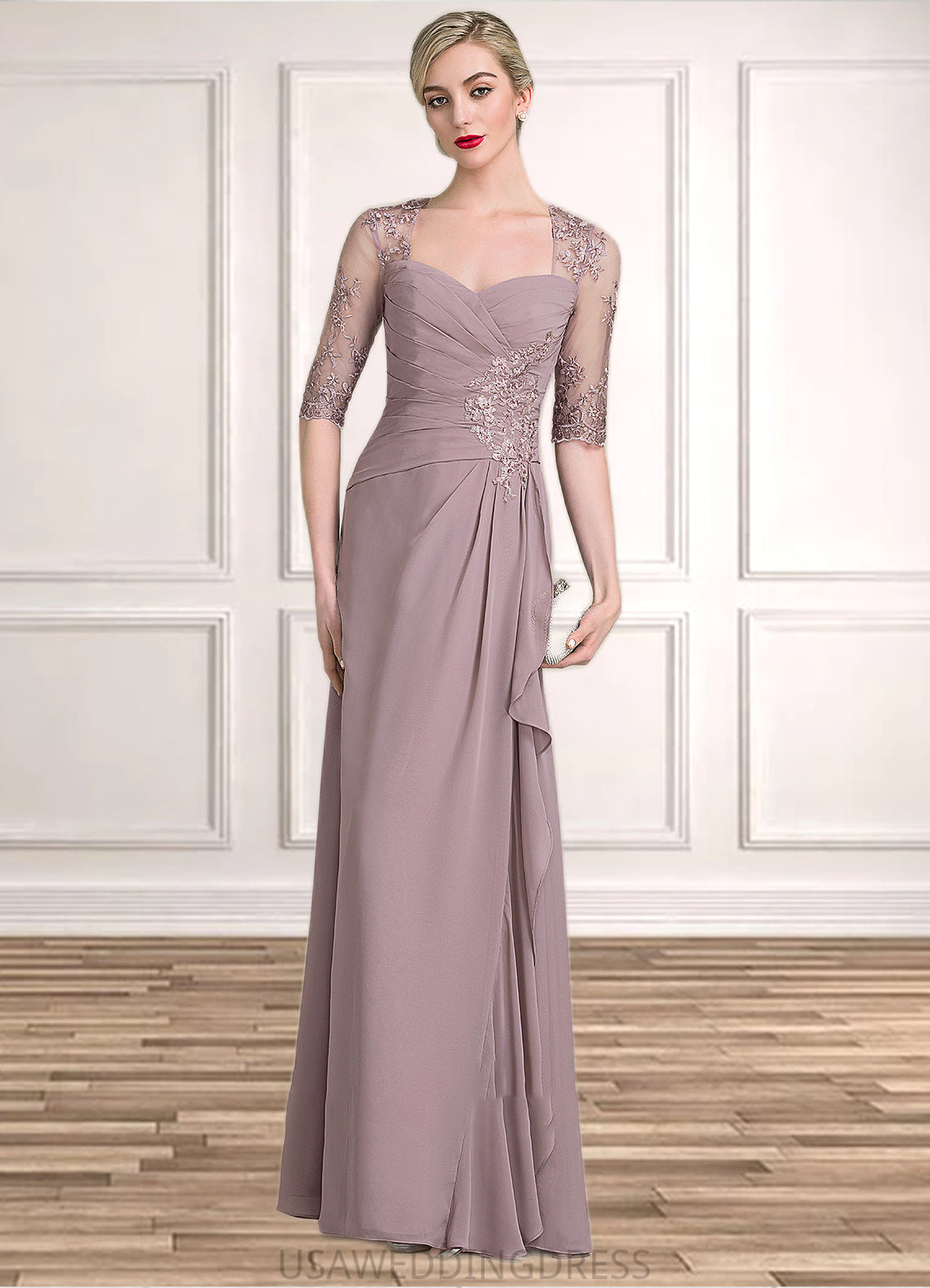 Sidney A-Line Sweetheart Floor-Length Chiffon Lace Mother of the Bride Dress With Beading Sequins Cascading Ruffles DS126P0014692