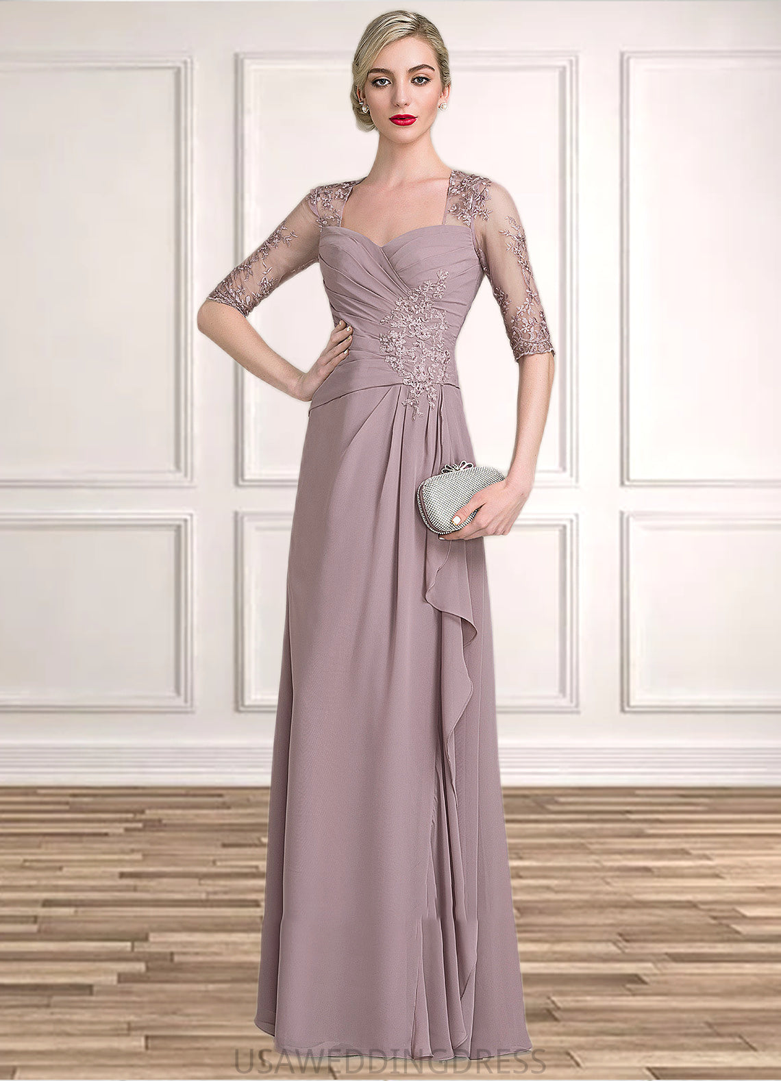 Sidney A-Line Sweetheart Floor-Length Chiffon Lace Mother of the Bride Dress With Beading Sequins Cascading Ruffles DS126P0014692