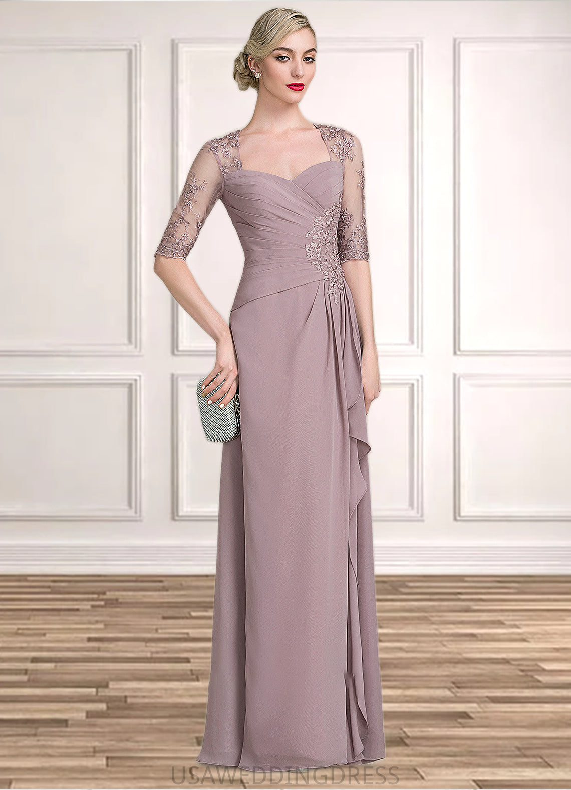 Sidney A-Line Sweetheart Floor-Length Chiffon Lace Mother of the Bride Dress With Beading Sequins Cascading Ruffles DS126P0014692