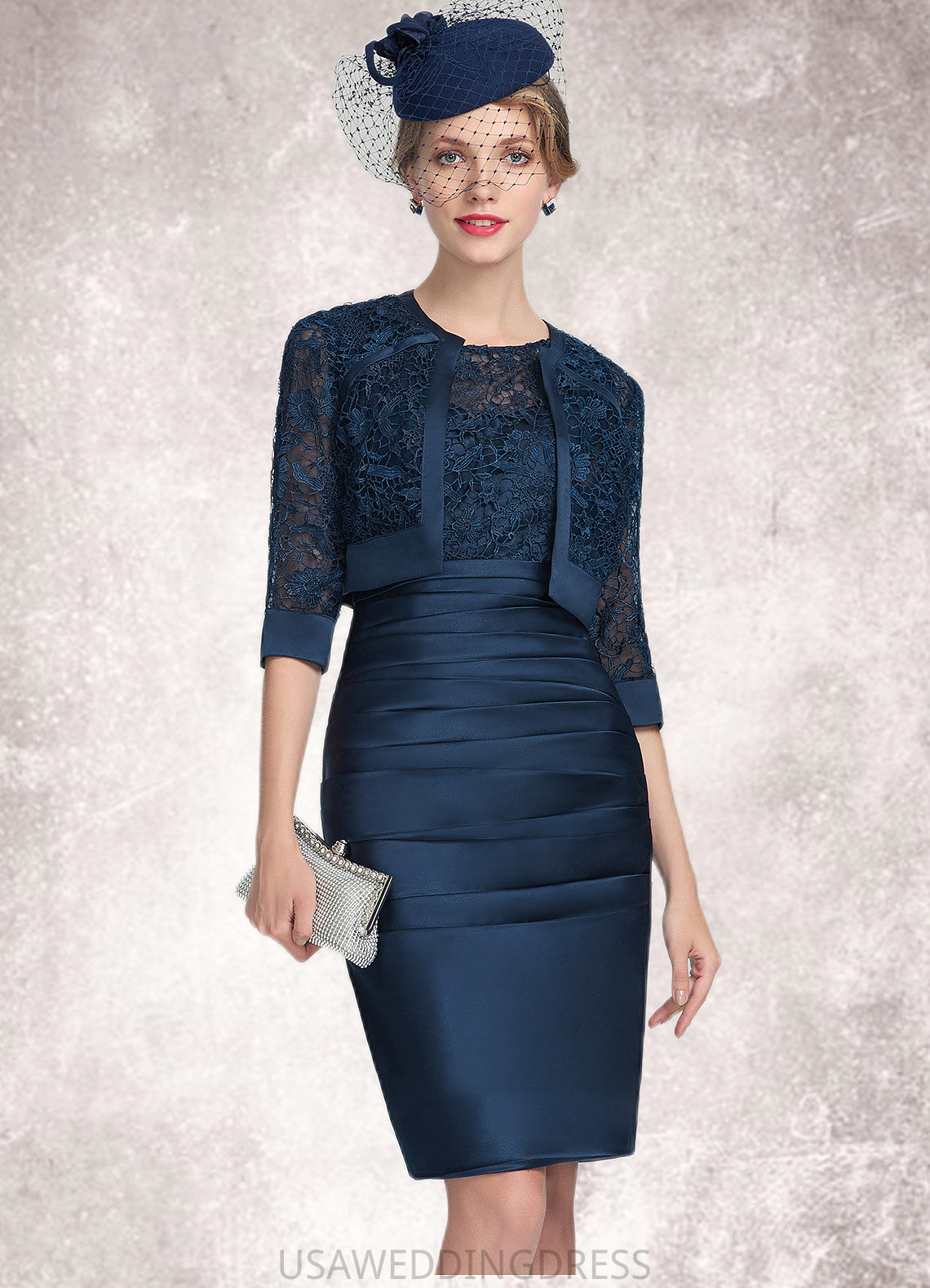 Elisabeth Sheath/Column Scoop Neck Knee-Length Satin Lace Mother of the Bride Dress With Ruffle DS126P0014693