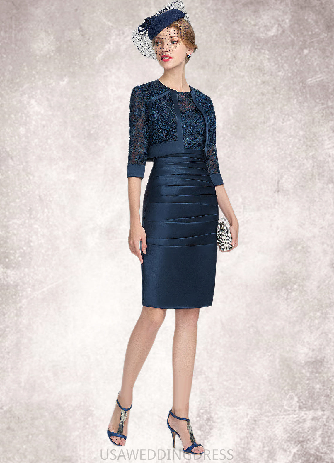 Elisabeth Sheath/Column Scoop Neck Knee-Length Satin Lace Mother of the Bride Dress With Ruffle DS126P0014693