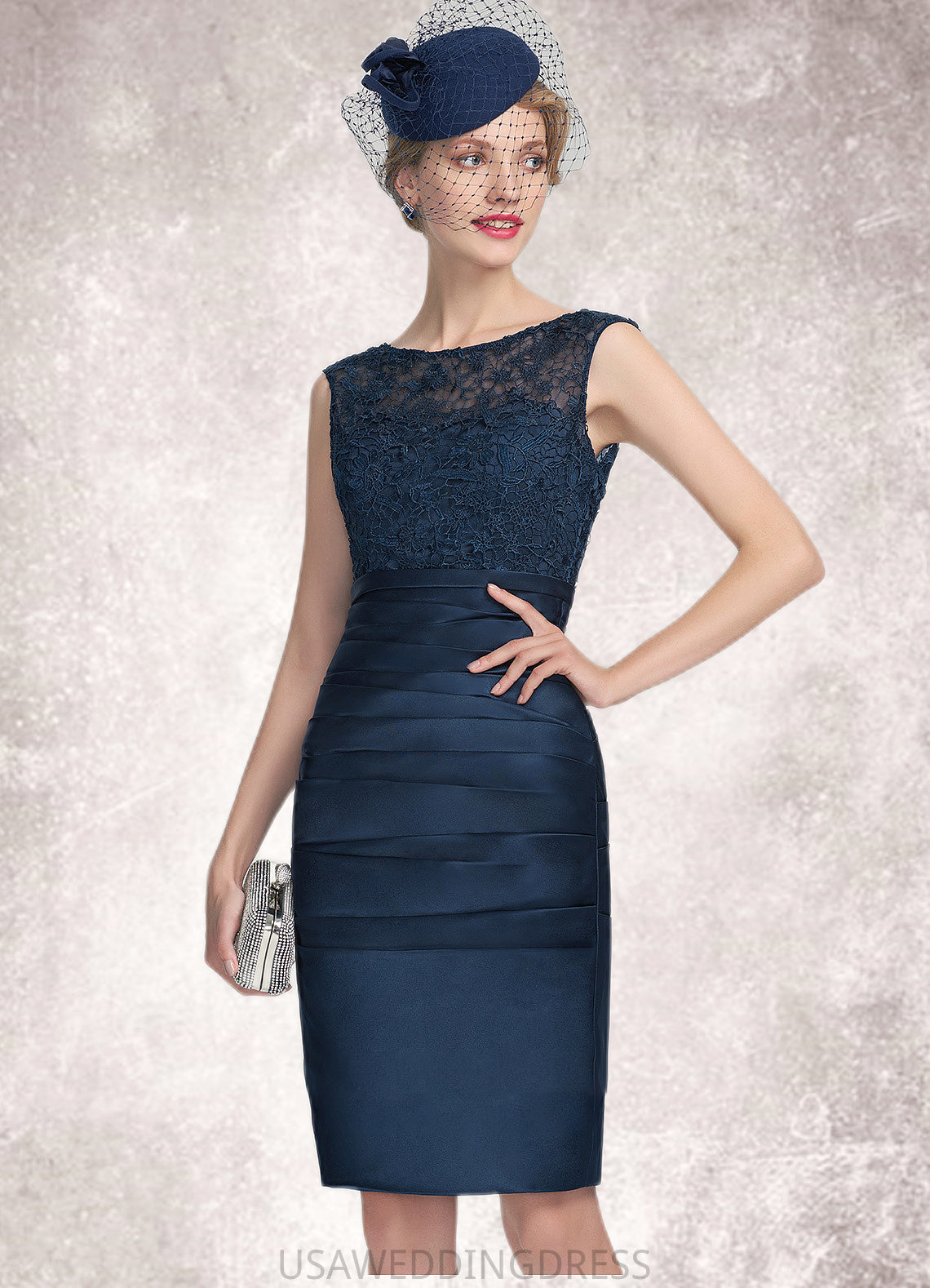 Elisabeth Sheath/Column Scoop Neck Knee-Length Satin Lace Mother of the Bride Dress With Ruffle DS126P0014693