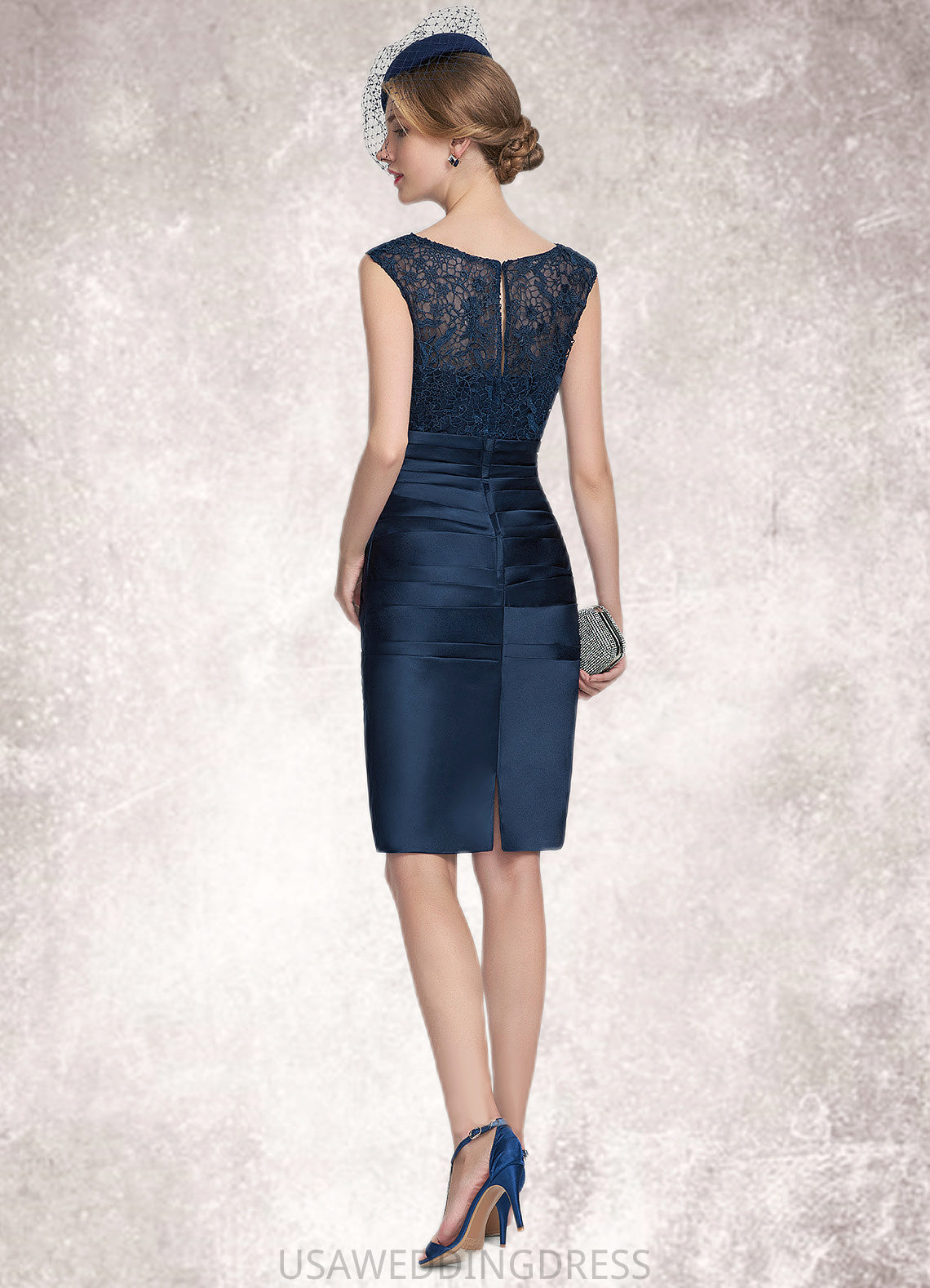 Elisabeth Sheath/Column Scoop Neck Knee-Length Satin Lace Mother of the Bride Dress With Ruffle DS126P0014693