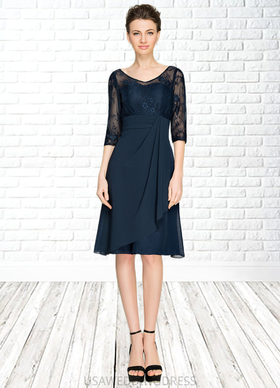 Evelin A-Line V-neck Knee-Length Chiffon Lace Mother of the Bride Dress With Cascading Ruffles DS126P0014695