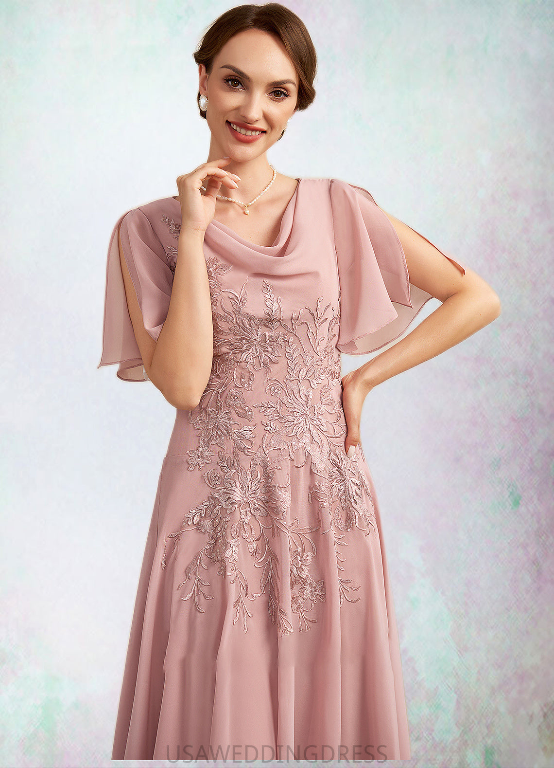 Lucile A-Line Cowl Neck Ankle-Length Chiffon Lace Mother of the Bride Dress DS126P0014696