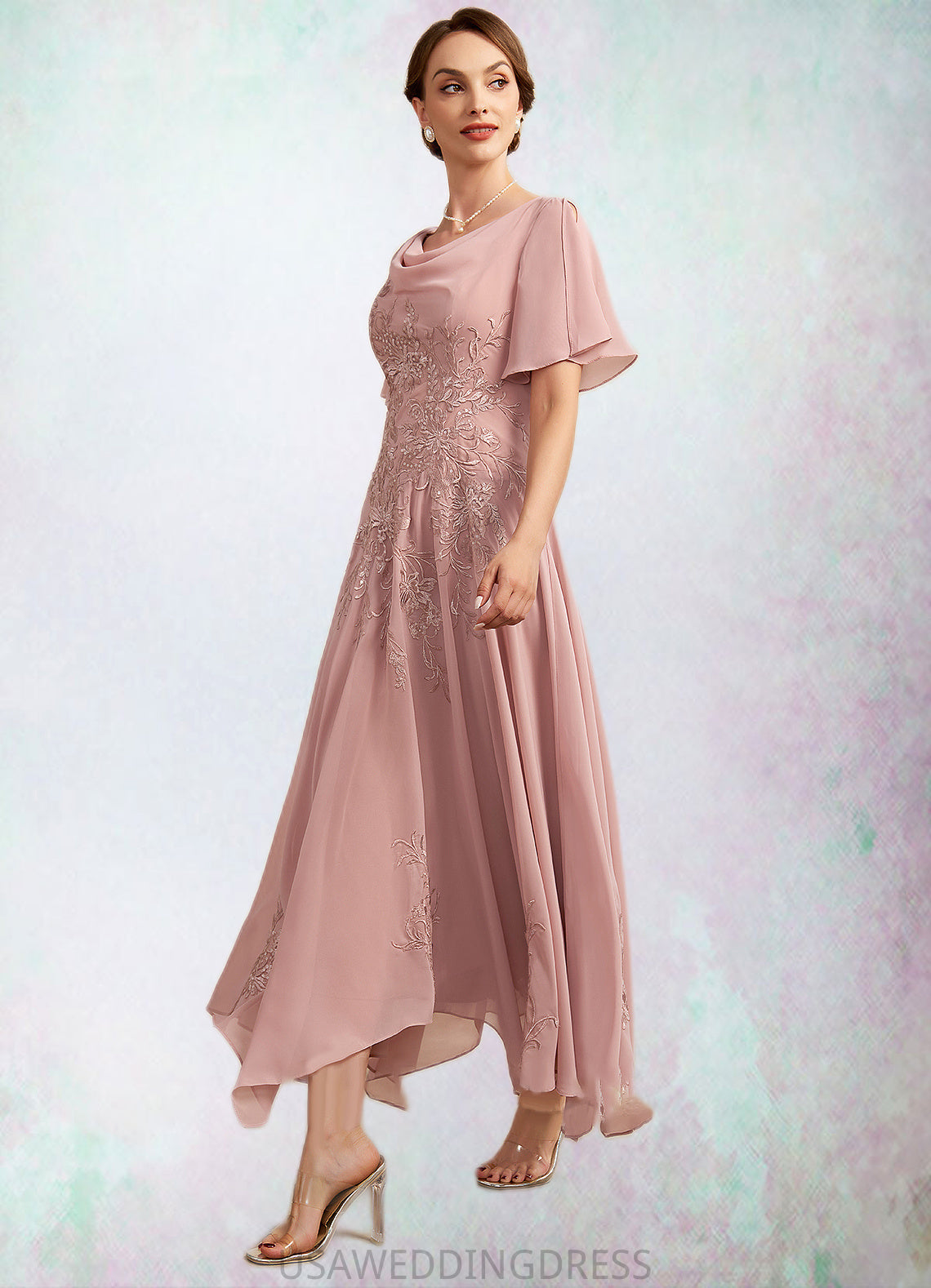 Lucile A-Line Cowl Neck Ankle-Length Chiffon Lace Mother of the Bride Dress DS126P0014696