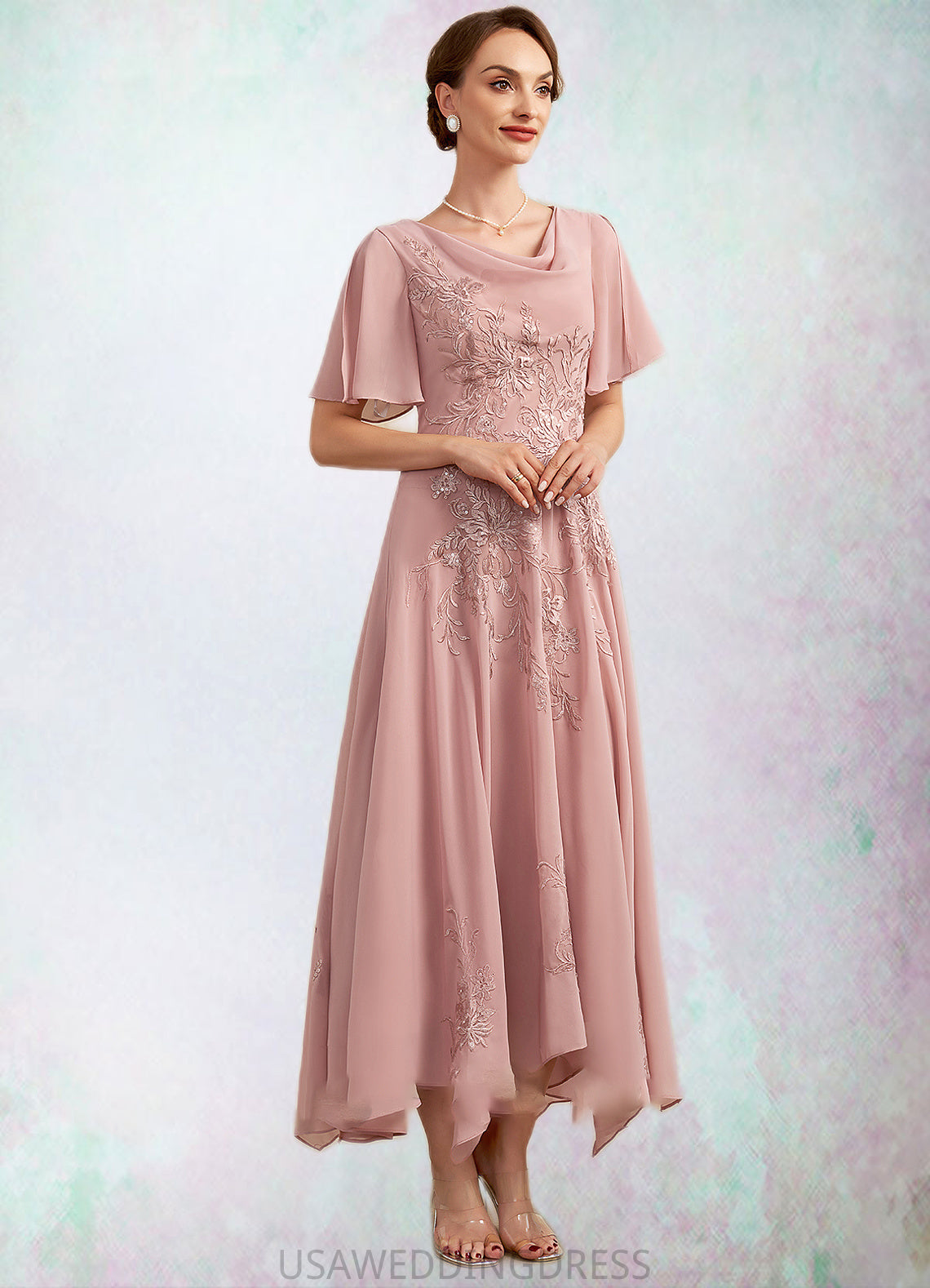 Lucile A-Line Cowl Neck Ankle-Length Chiffon Lace Mother of the Bride Dress DS126P0014696