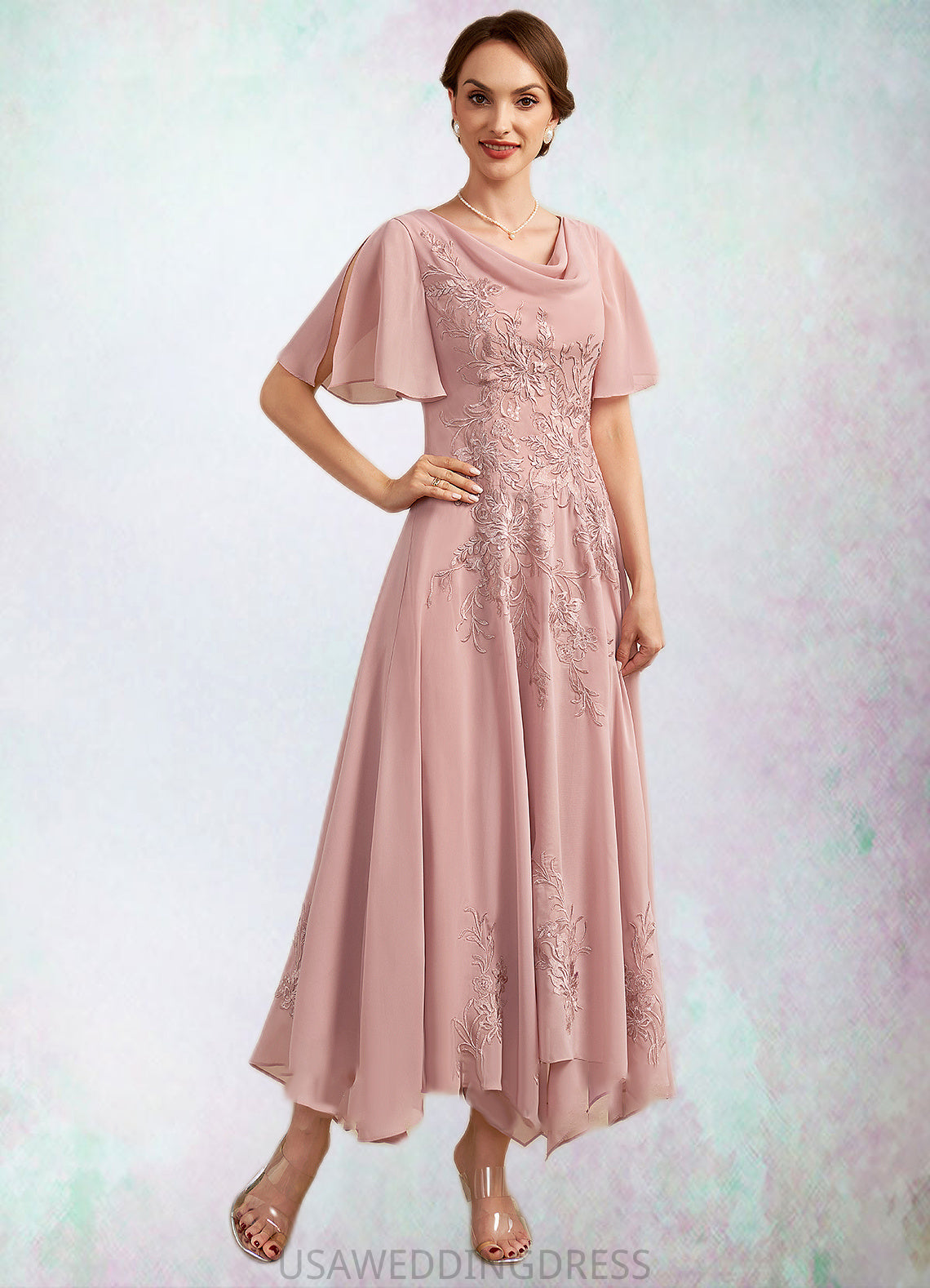 Lucile A-Line Cowl Neck Ankle-Length Chiffon Lace Mother of the Bride Dress DS126P0014696