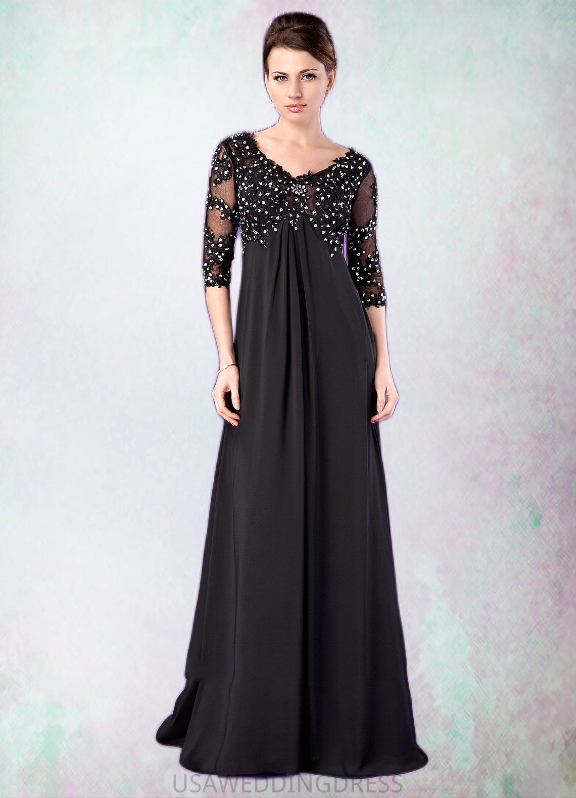 Sophia Empire V-neck Sweep Train Chiffon Mother of the Bride Dress With Lace Beading DS126P0014697