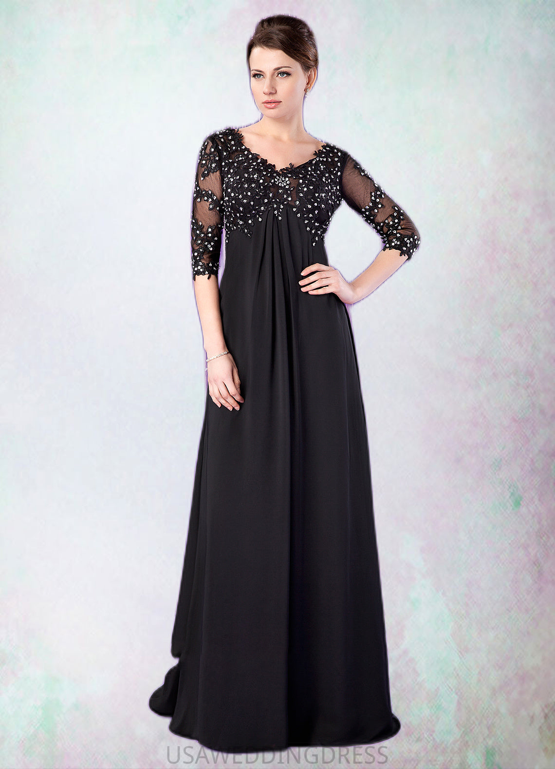 Sophia Empire V-neck Sweep Train Chiffon Mother of the Bride Dress With Lace Beading DS126P0014697