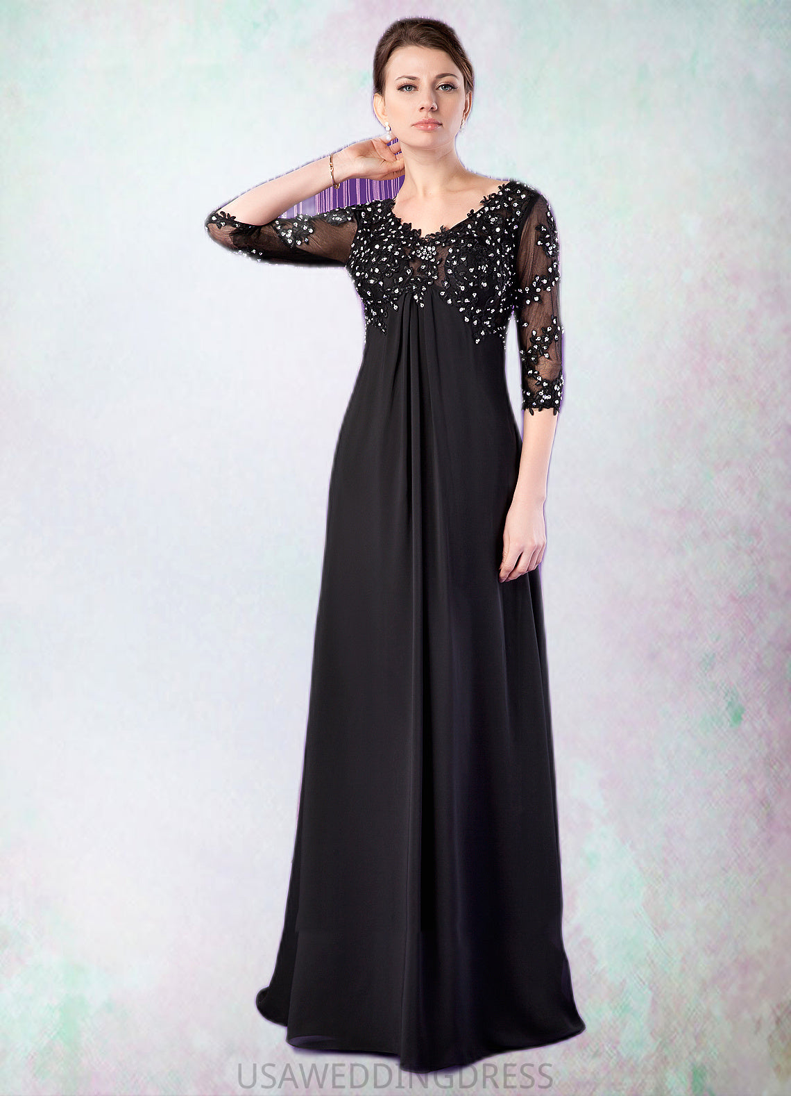 Sophia Empire V-neck Sweep Train Chiffon Mother of the Bride Dress With Lace Beading DS126P0014697