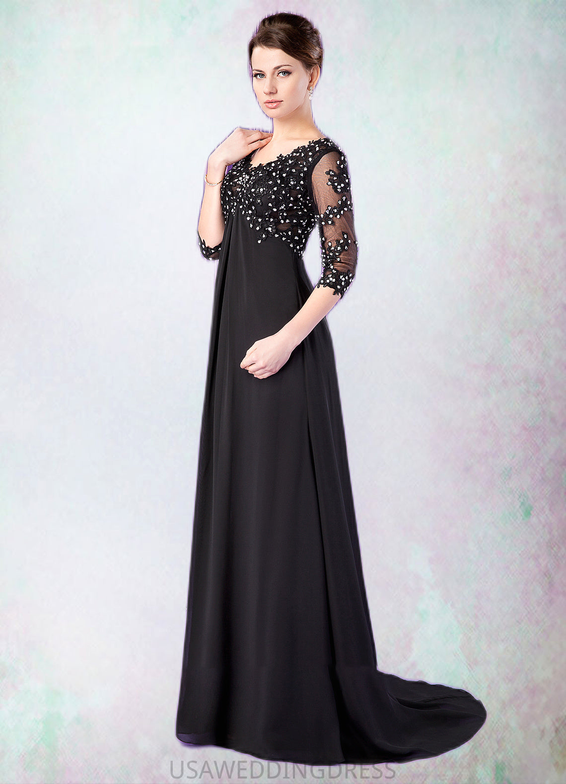 Sophia Empire V-neck Sweep Train Chiffon Mother of the Bride Dress With Lace Beading DS126P0014697