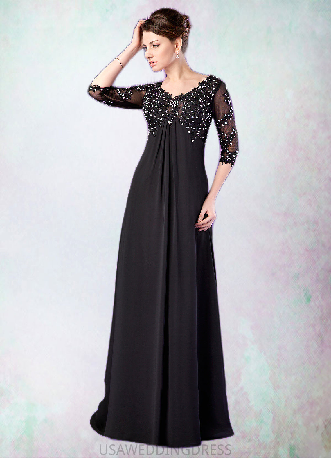 Sophia Empire V-neck Sweep Train Chiffon Mother of the Bride Dress With Lace Beading DS126P0014697