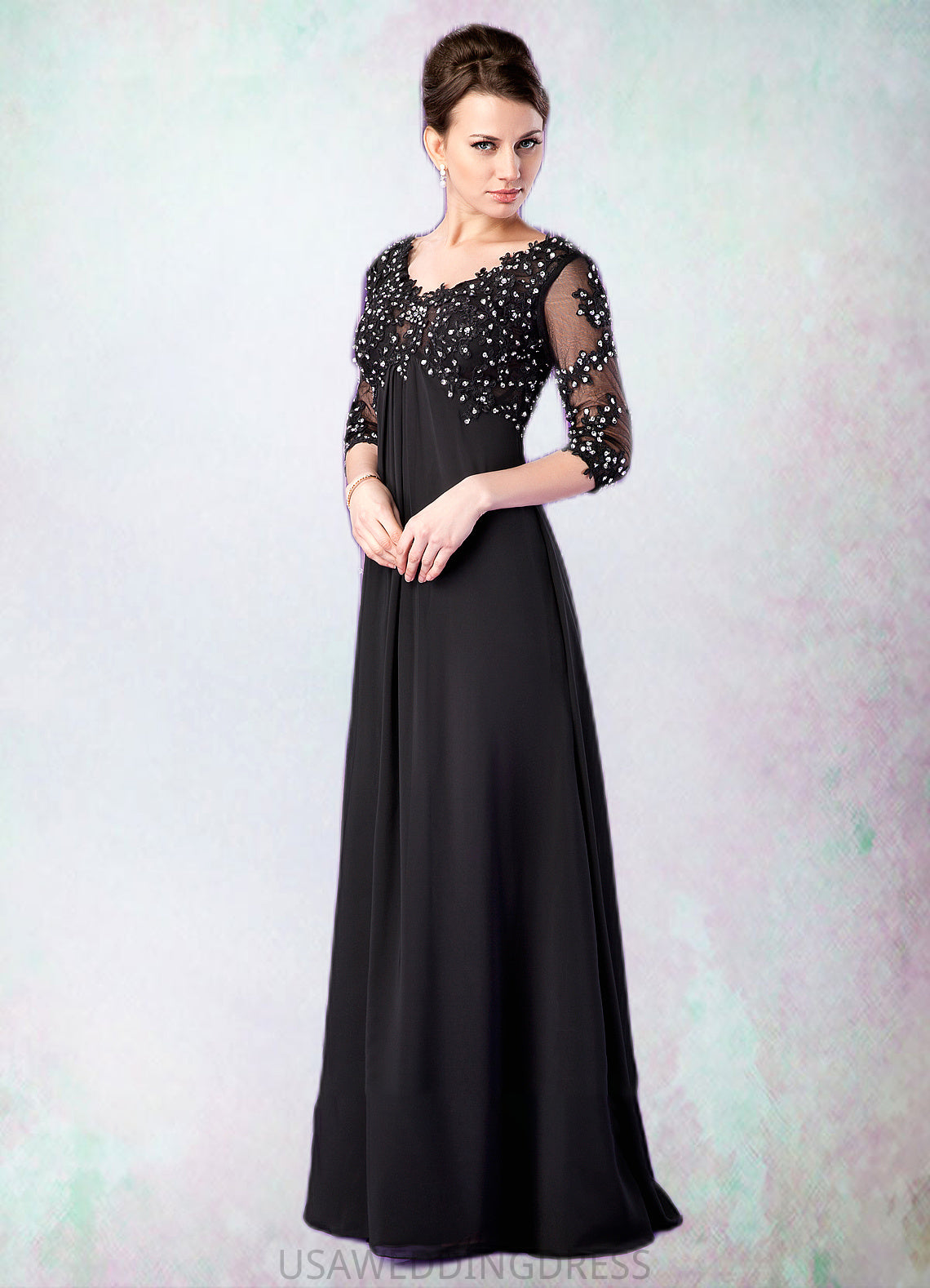 Sophia Empire V-neck Sweep Train Chiffon Mother of the Bride Dress With Lace Beading DS126P0014697