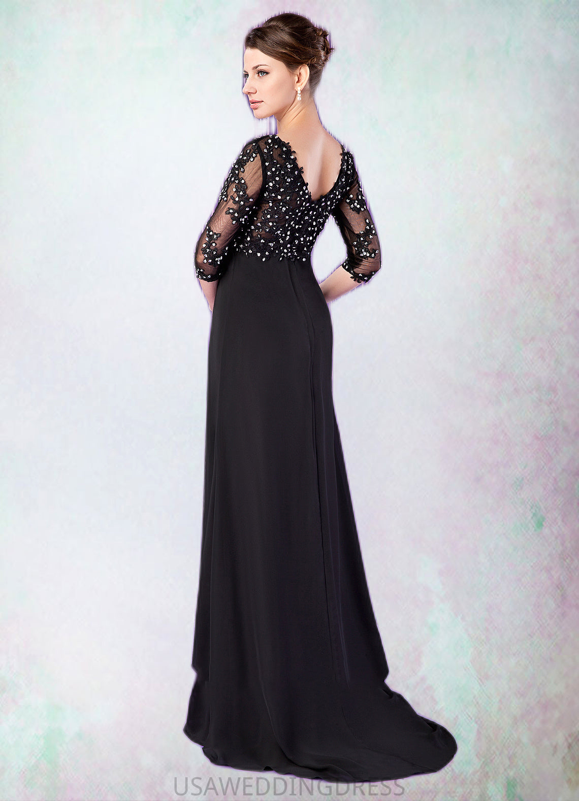 Sophia Empire V-neck Sweep Train Chiffon Mother of the Bride Dress With Lace Beading DS126P0014697