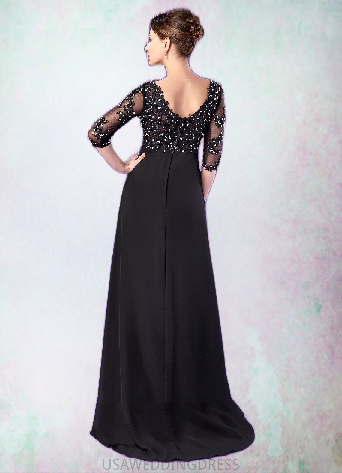 Sophia Empire V-neck Sweep Train Chiffon Mother of the Bride Dress With Lace Beading DS126P0014697