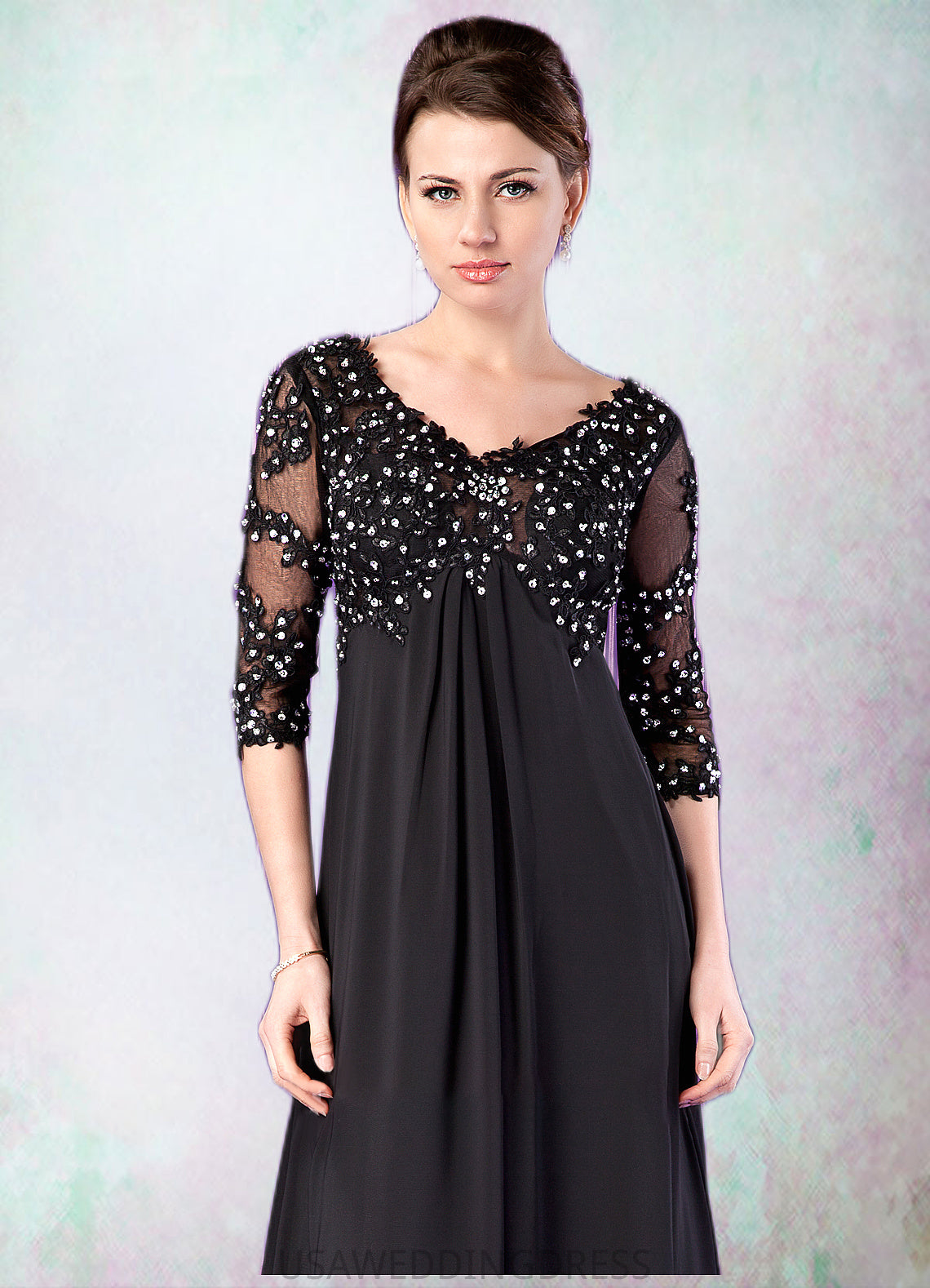 Sophia Empire V-neck Sweep Train Chiffon Mother of the Bride Dress With Lace Beading DS126P0014697