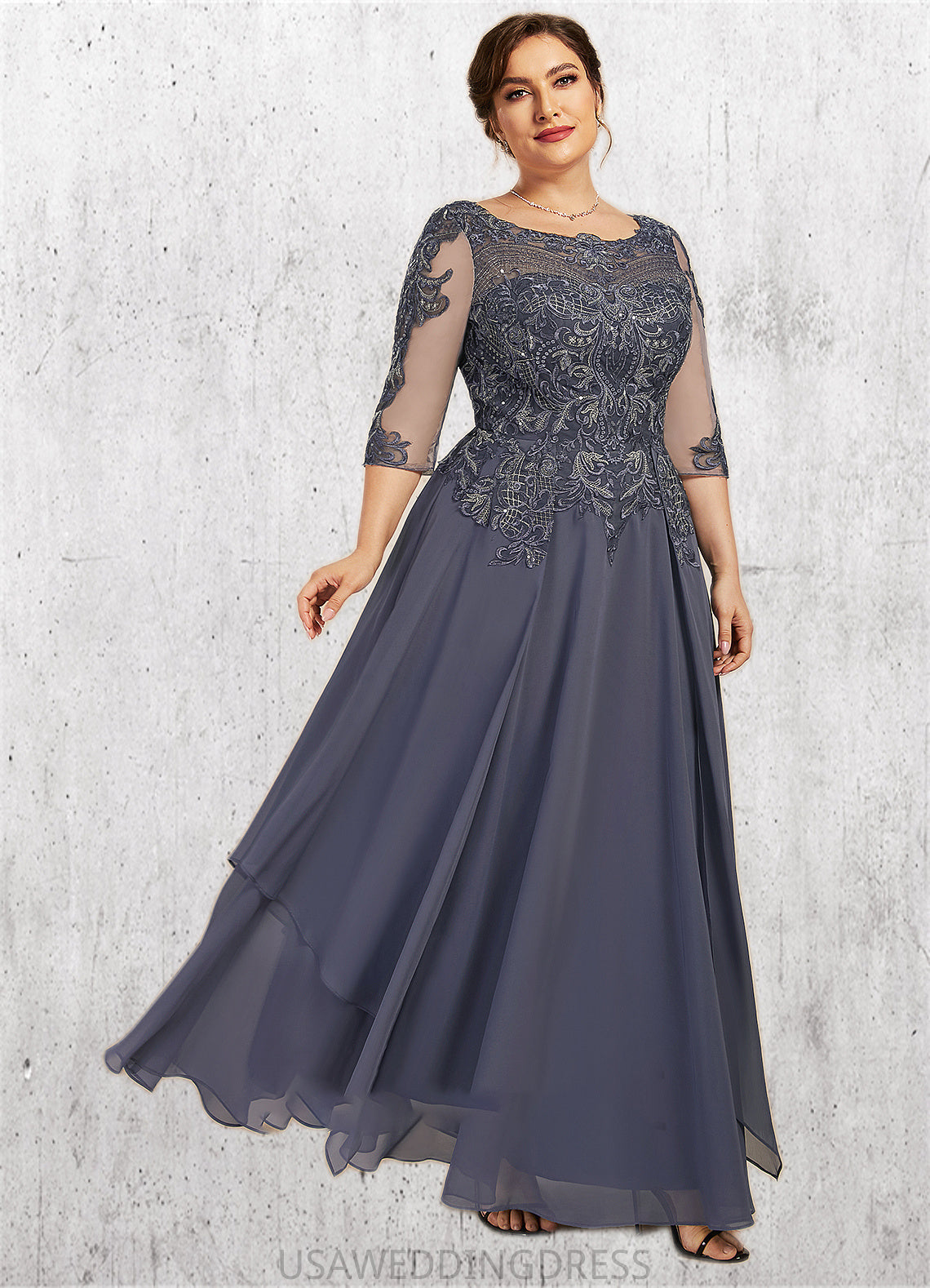 Greta A-Line Scoop Neck Ankle-Length Chiffon Lace Mother of the Bride Dress With Cascading Ruffles DS126P0014698