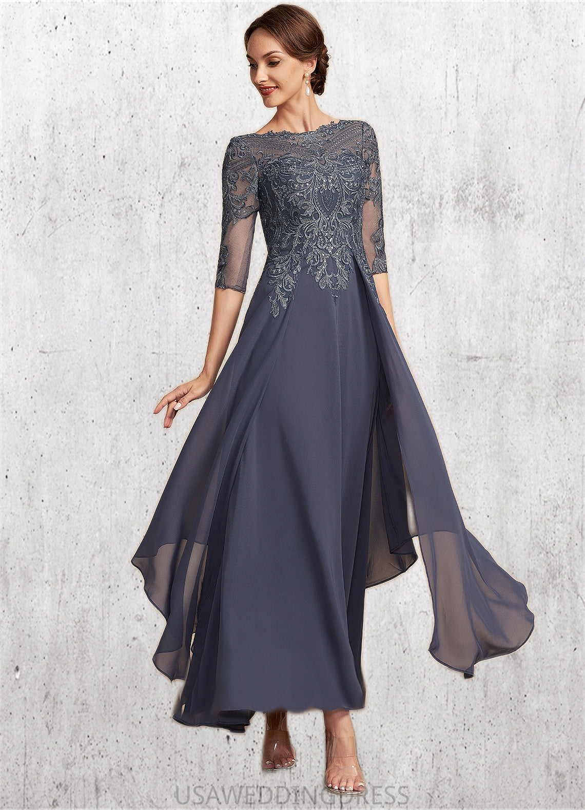 Greta A-Line Scoop Neck Ankle-Length Chiffon Lace Mother of the Bride Dress With Cascading Ruffles DS126P0014698